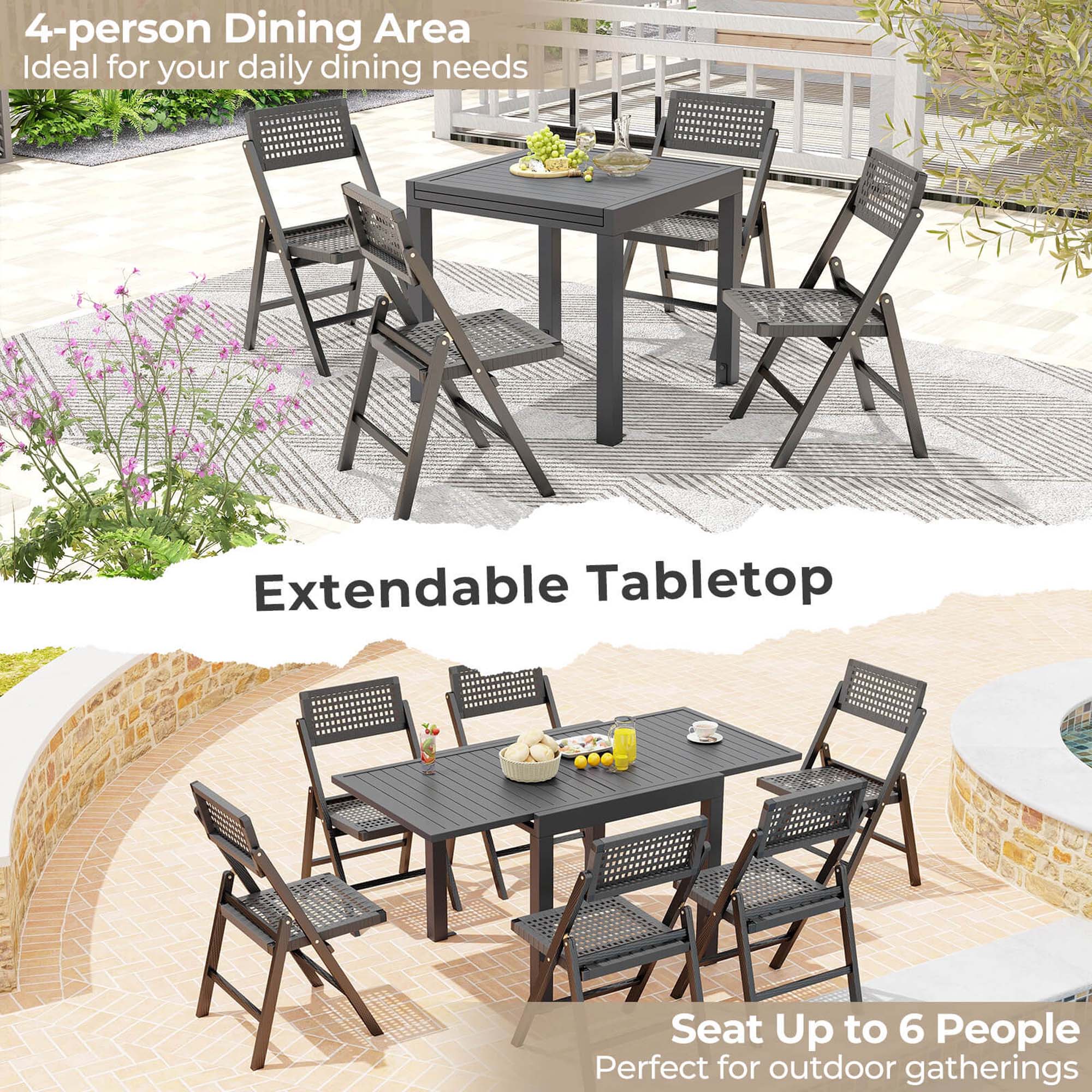 The image features a dining area with a table and chairs. The table is accompanied by chairs that can accommodate up to six people, making it suitable for outdoor gatherings. The table is extendable, allowing for more seating options when needed. The dining area is ideal for daily dining needs and can comfortably seat four people.