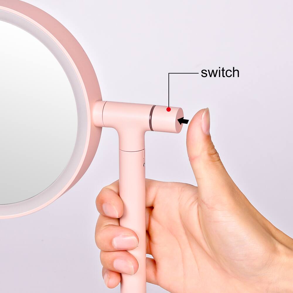 Back. Oumilen - Round LED Makeup Mirror Lamp, Light Pink 5.2 Inch Rechargeable Vanity Mirror With Adjustable Brightness & 180° Rotation.