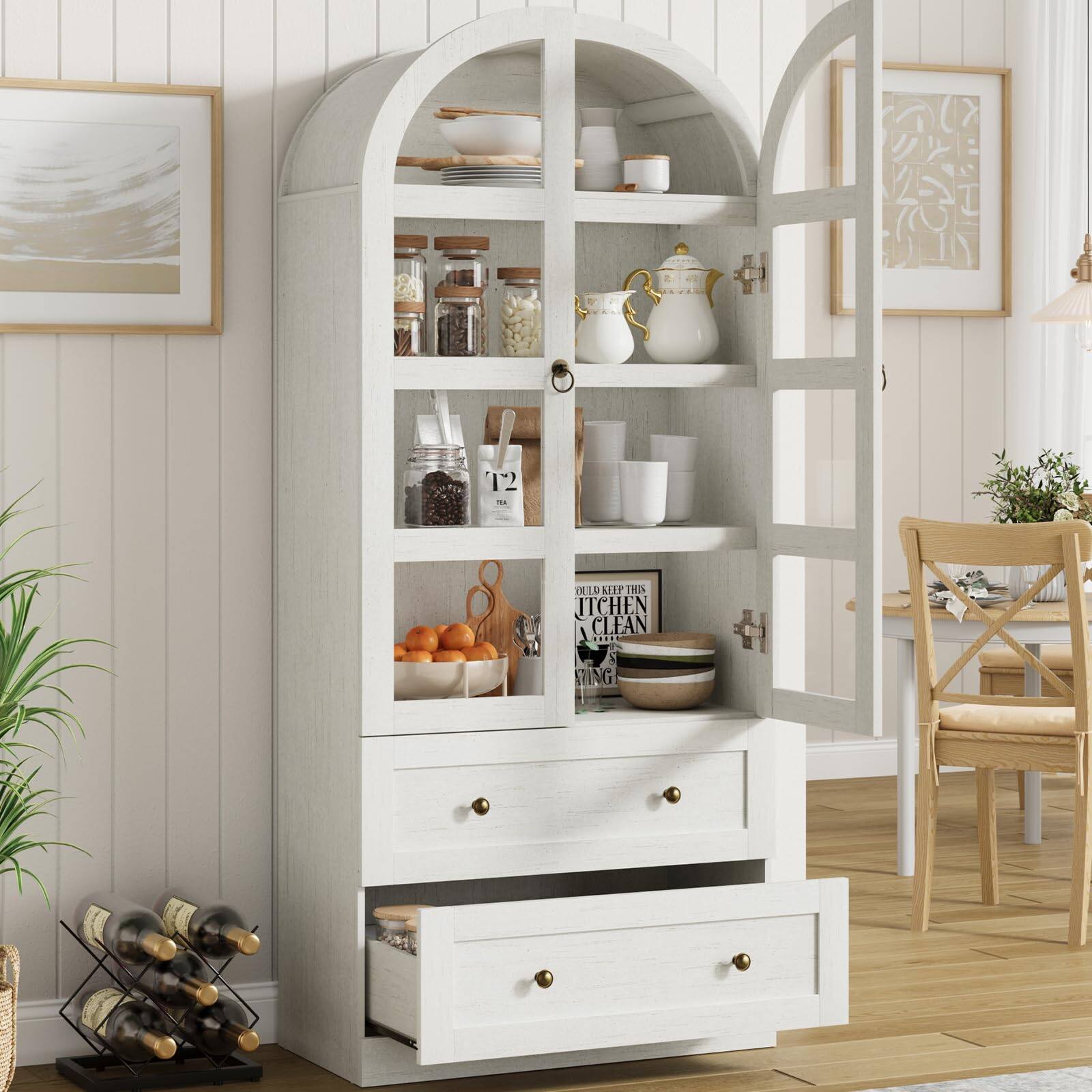 Acekool - 72" Tall Arched Kitchen Pantry Cabinet, Farmhouse Wood Pantry Storage Cabinet, Versatile Pantry Cabinets Cupboard - White