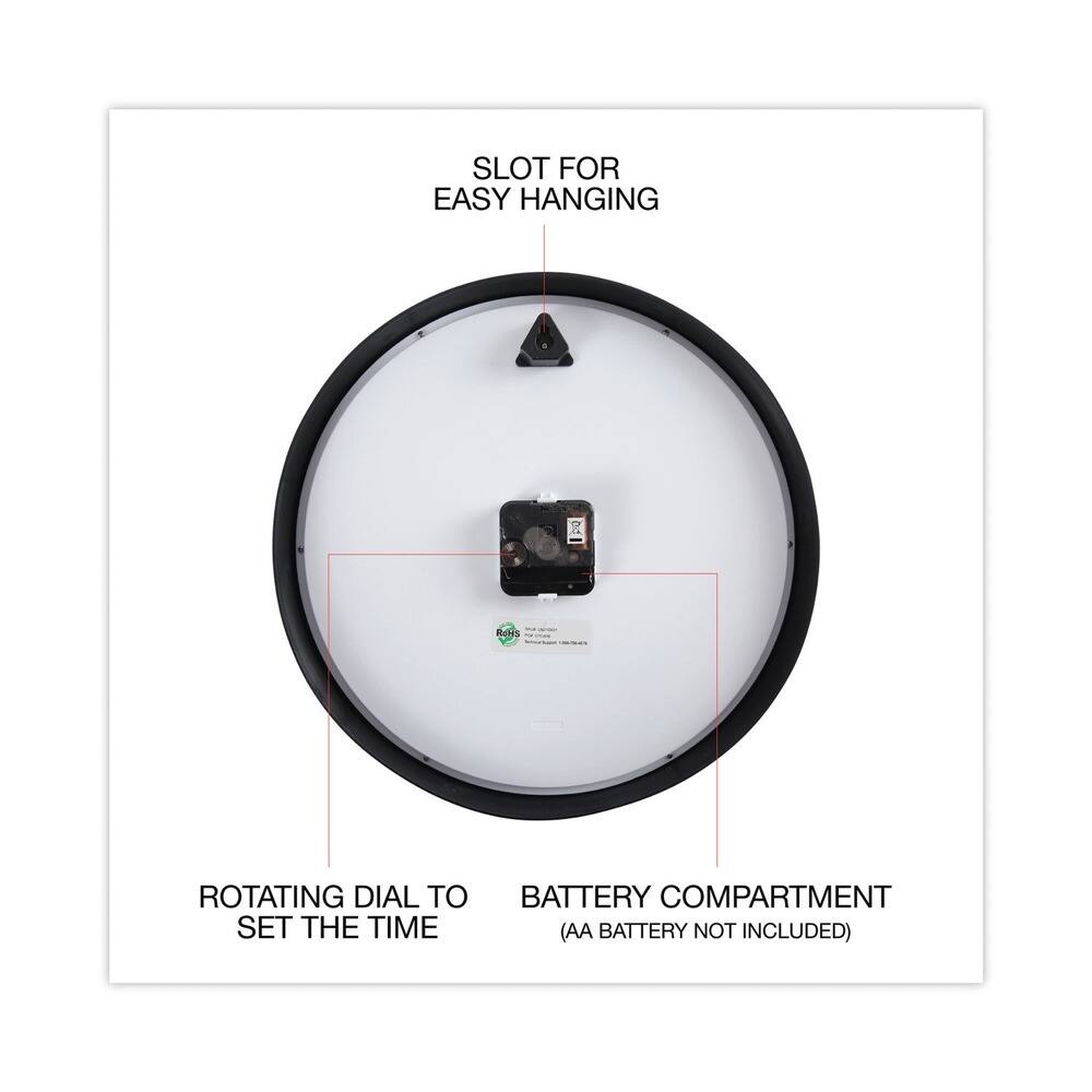 - SLOT FOR EASY HANGING
- ROTATING DIAL TO SET THE TIME
- BATTERY COMPARTMENT (AA BATTERY NOT INCLUDED)