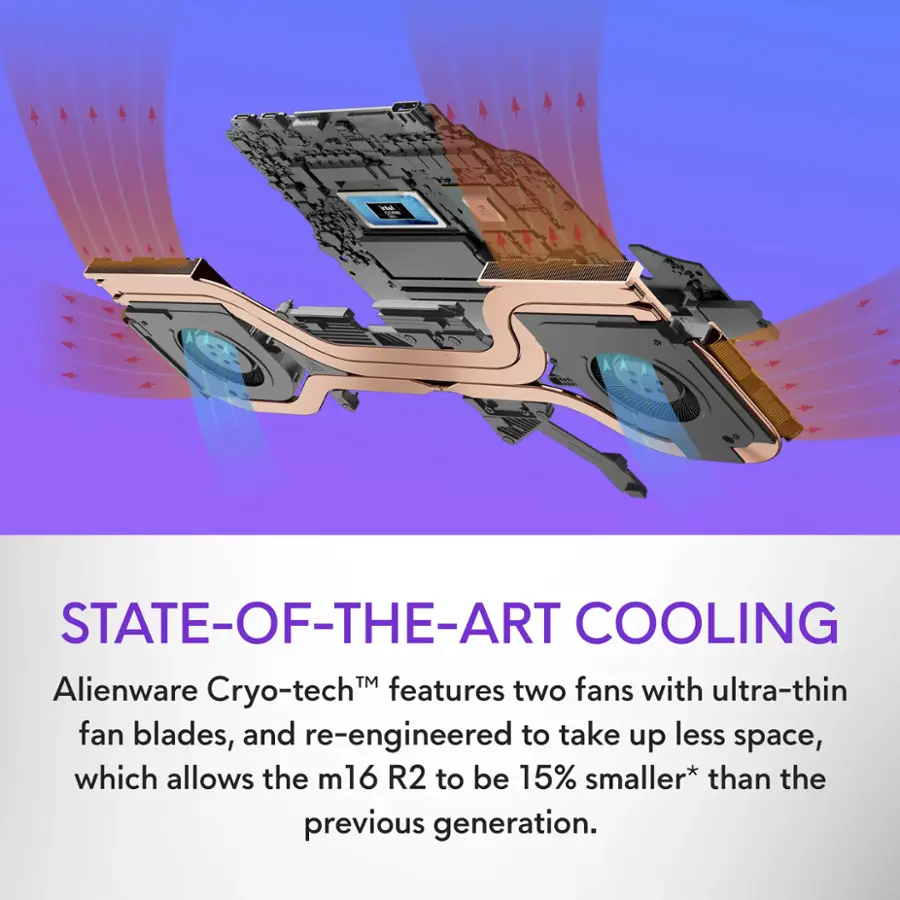 State-of-the-art cooling is provided by Alienware Cryo-tech, which features two fans with ultra-thin fan blades and is re-engineered to take up less space. This allows the m16 R2 to be 15% smaller than the previous generation.