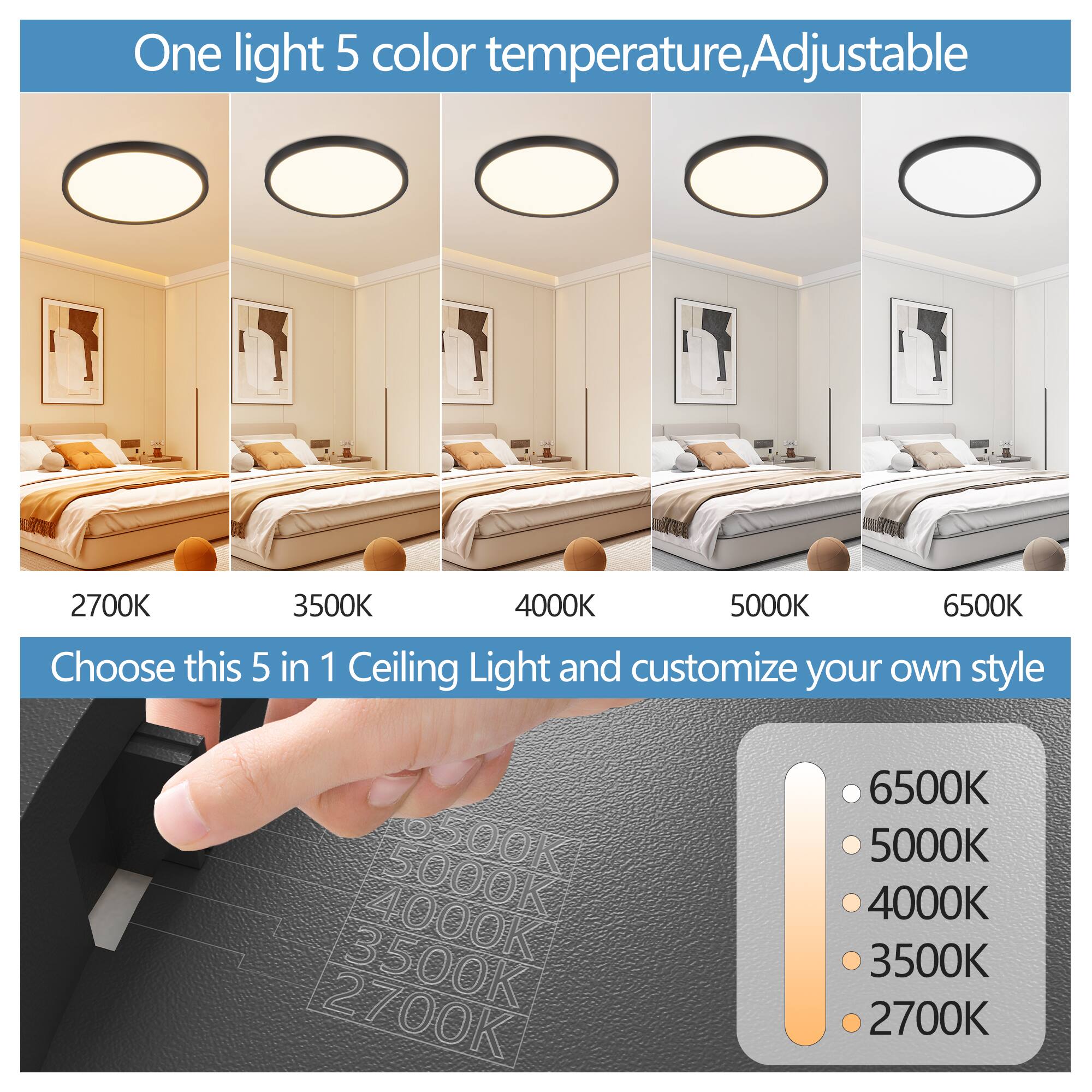 One light 5 color temperature, Adjustable

2700K 3500K 4000K 5000K 6500K

Choose this 5 in 1 Ceiling Light and customize your own style

6500K
5000K
4000K
3500K
2700K