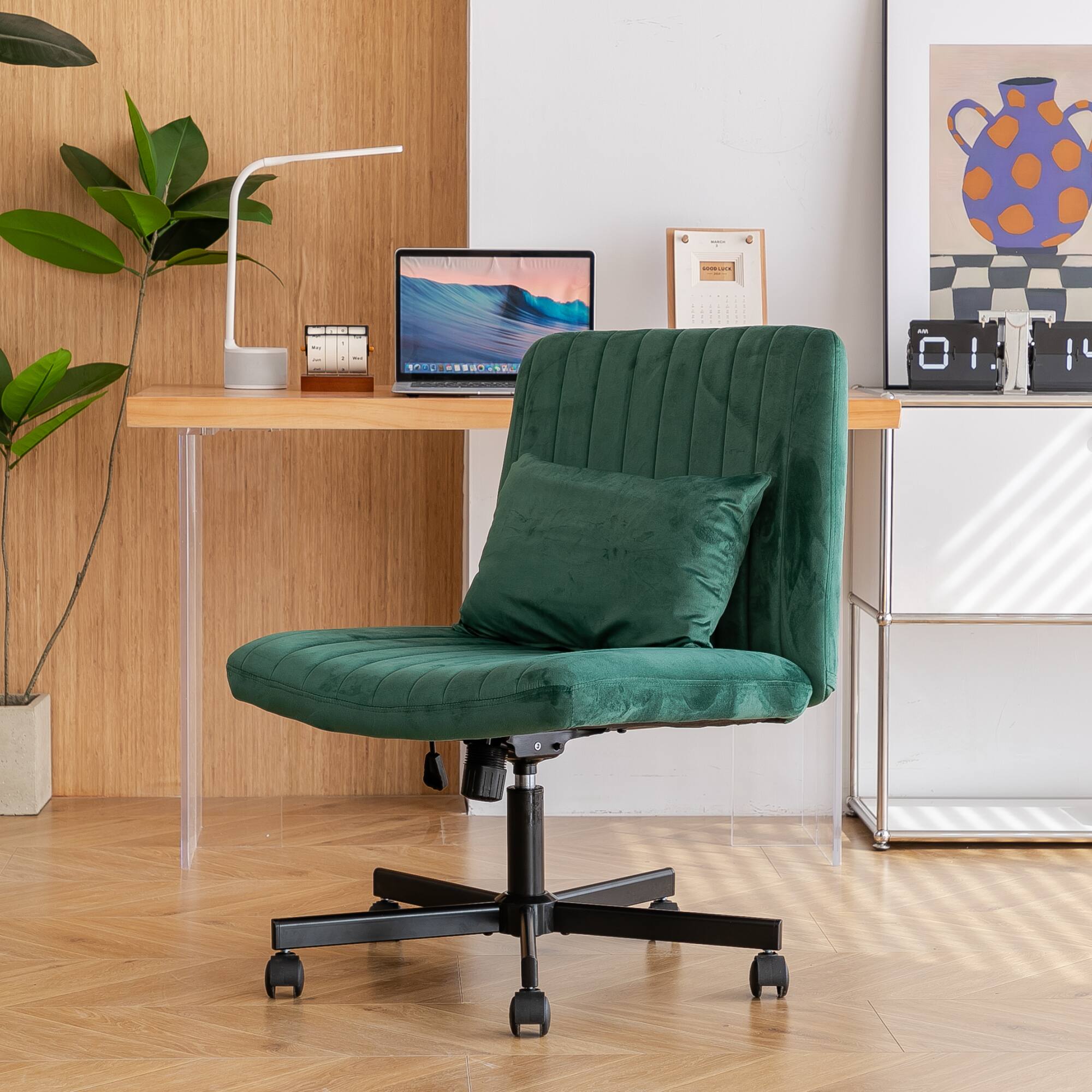 Back. GOODSILO - Linen Upholstered Ergonomic Office Chair with Adjustable Height and Tilt Mechanism for Home Workspaces - Green.