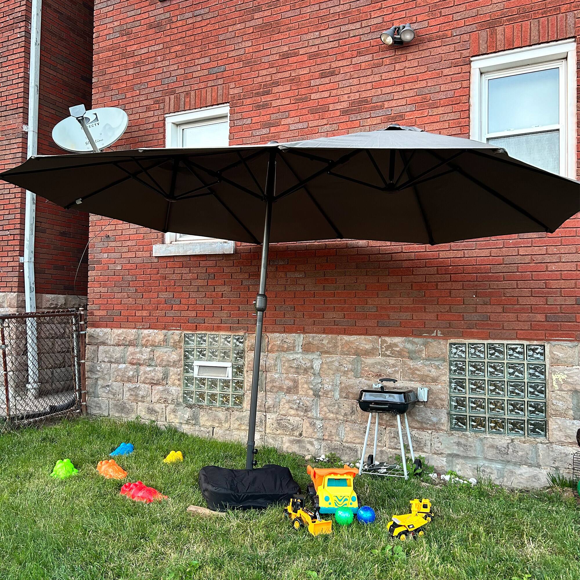 Alt View 4. Outsunny - Large Patio Umbrella with Base Included, 15' Steel Rectangular Double Sided Outdoor Umbrella - Dark Grey/Charcoal grey.