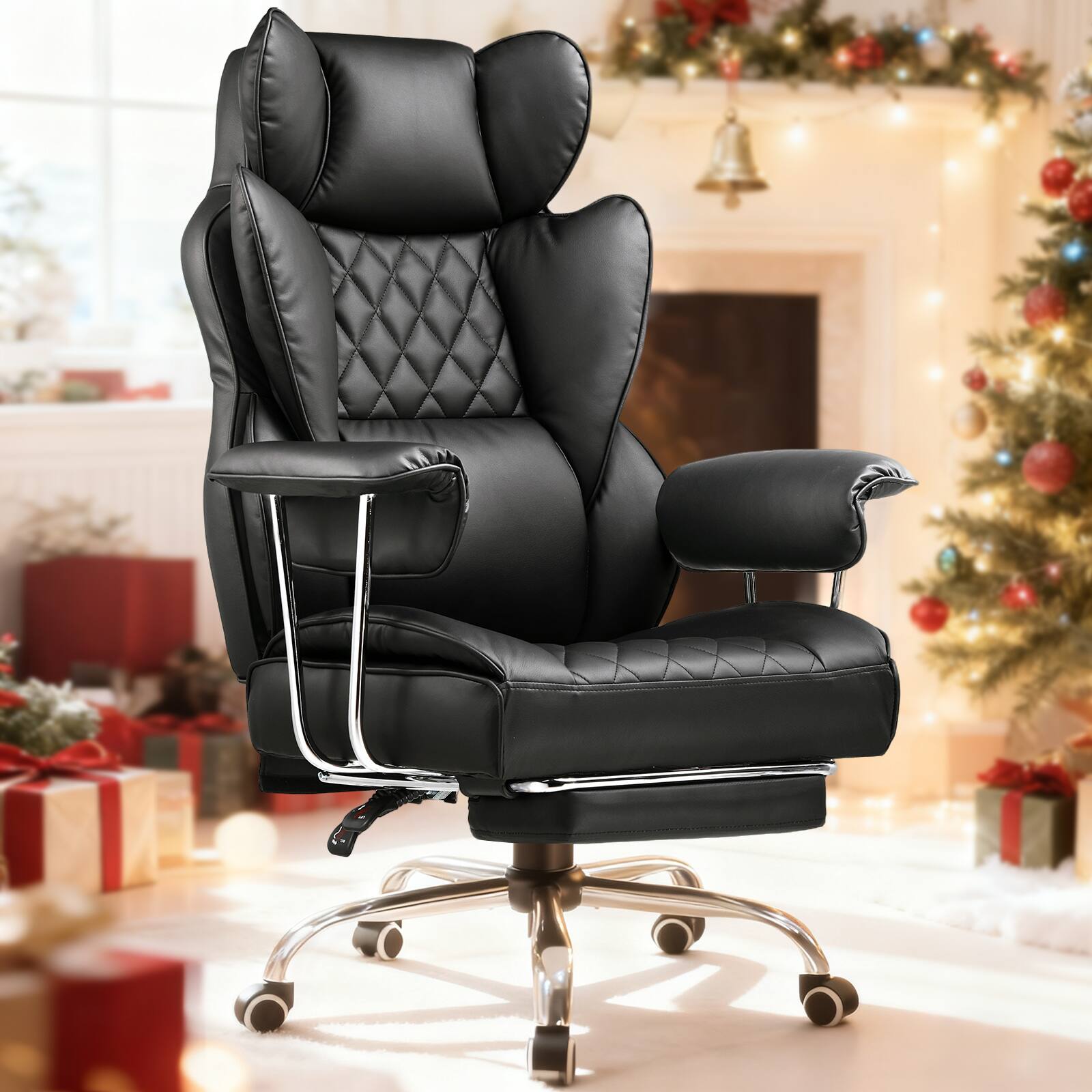 GTPlayer - Big and Tall Gaming Chair Wide Ergonomic Office Chair with Deluxe Embossing Leather Computer Chair - Black