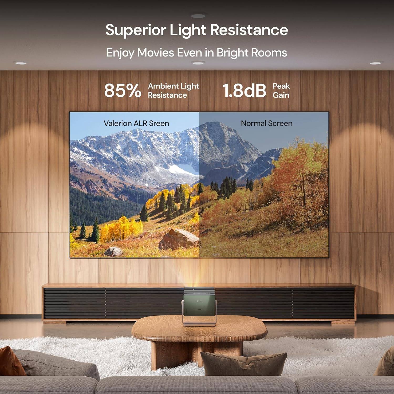 Superior Light Resistance  
Enjoy Movies Even in Bright Rooms  

85% Ambient Light Resistance  

1.8dB Peak Gain  

Valerion ALR Screen  

Normal Screen