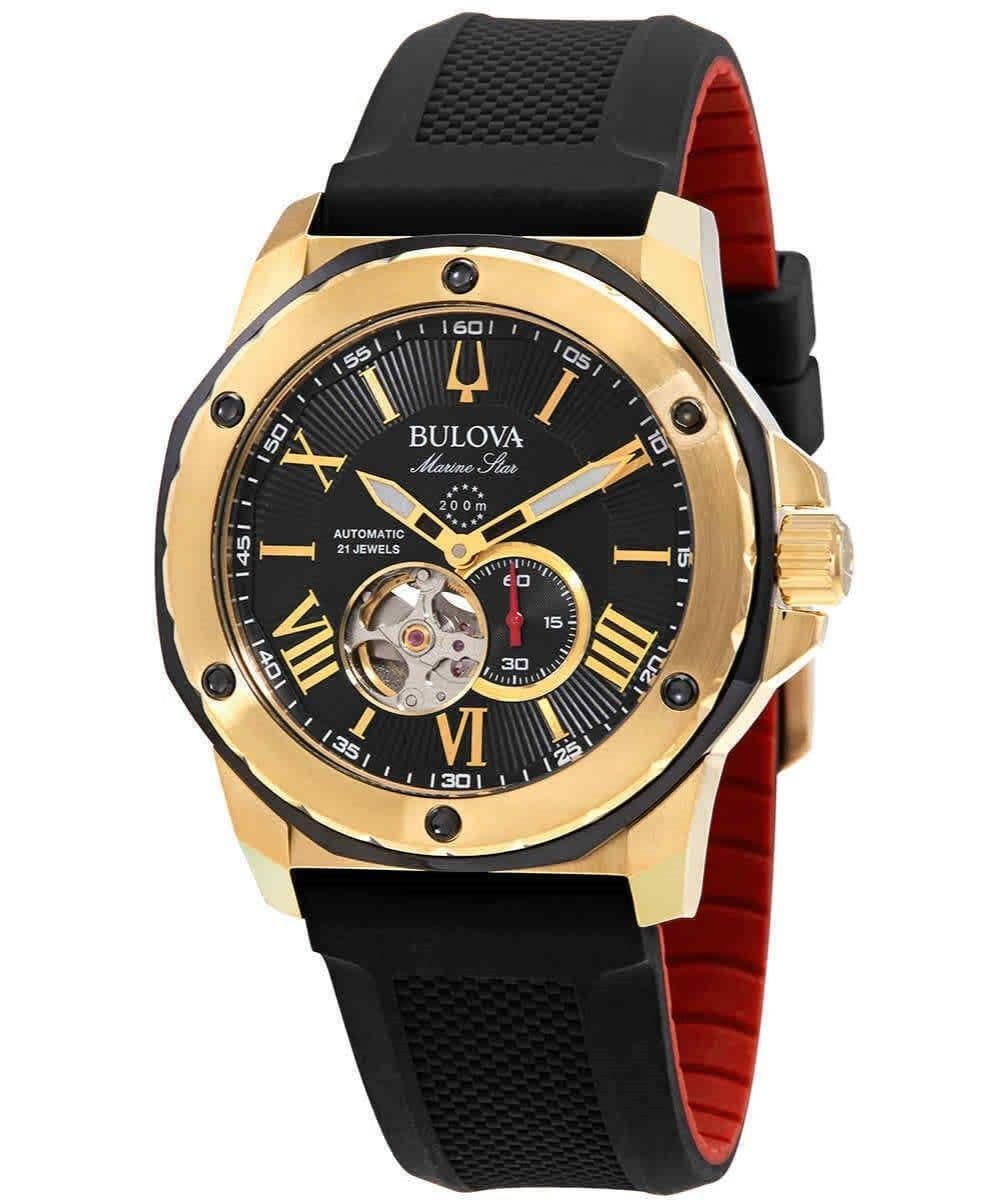 Bulova - Marine Star Automatic 21 Jewels 98A272 Mens Watch Open Heart Dial Divers 200M - Black