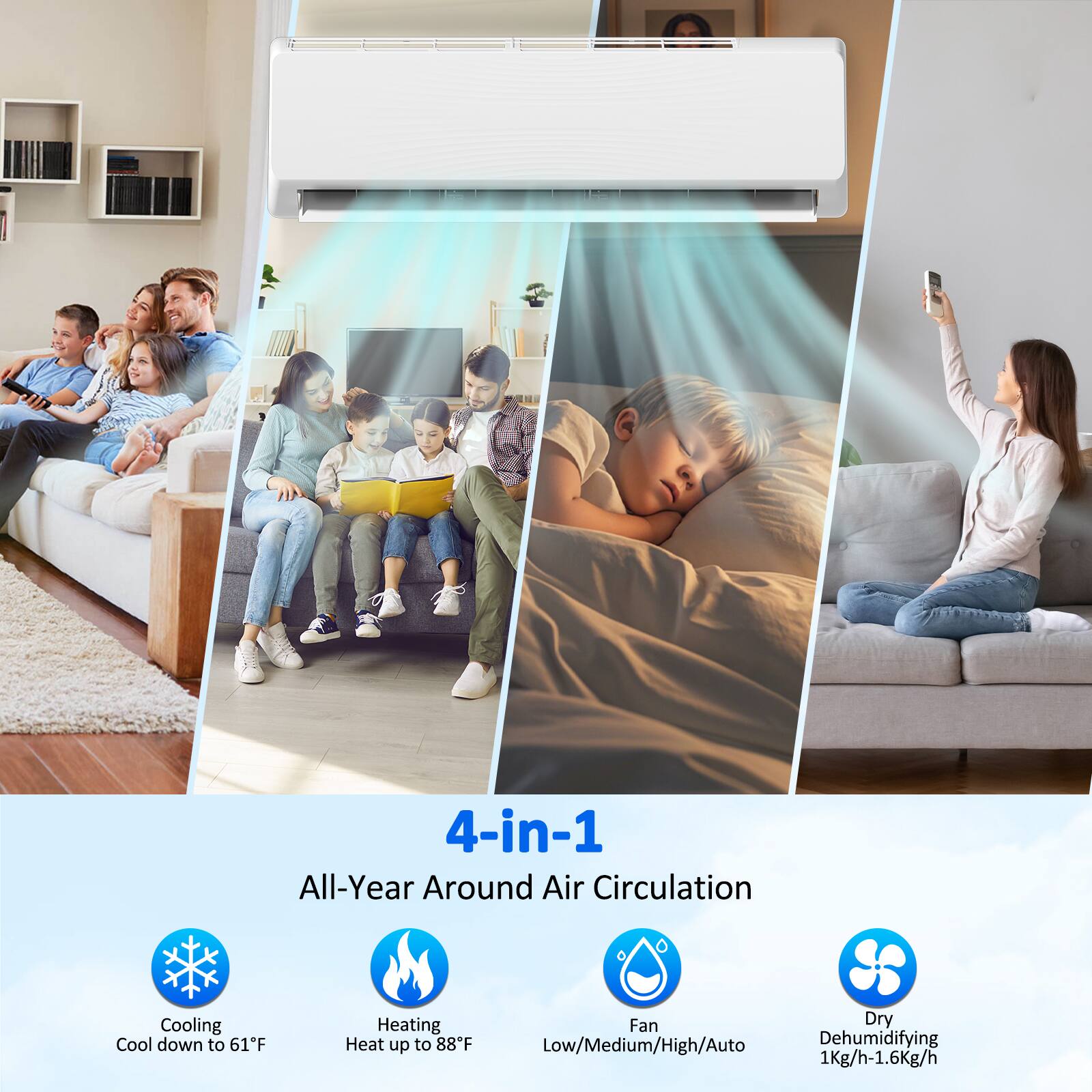4-in-1 All-Year Around Air Circulation

Cooling
Cool down to 61°F

Heating
Heat up to 88°F

Fan
Low/Medium/High/Auto

Dry
Dehumidifying 1Kg/h-1.6Kg/h