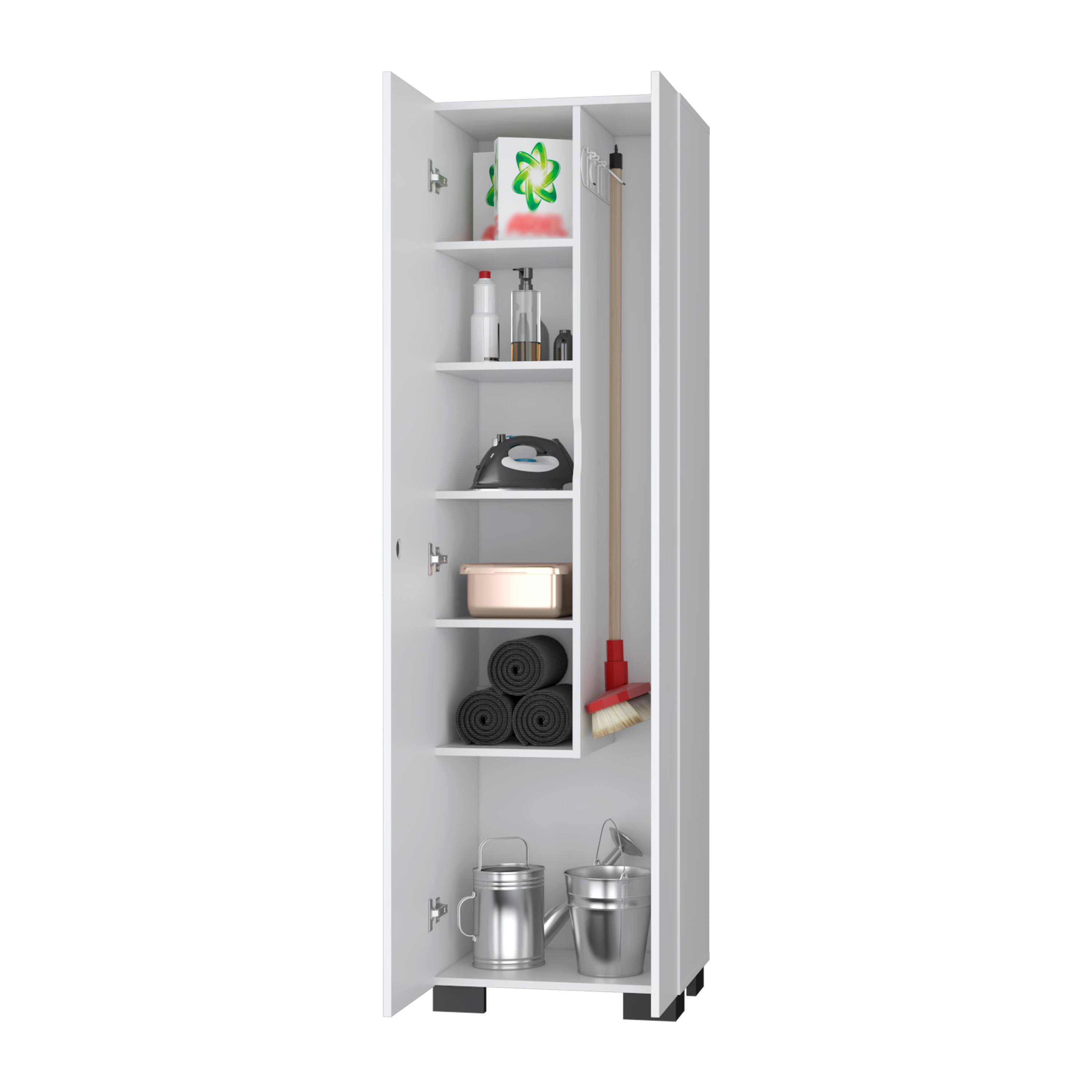 Alt View 1. TinyHomie - Aiken Broom Cabinet with Storage Shelves and Broom Hangers White - White.