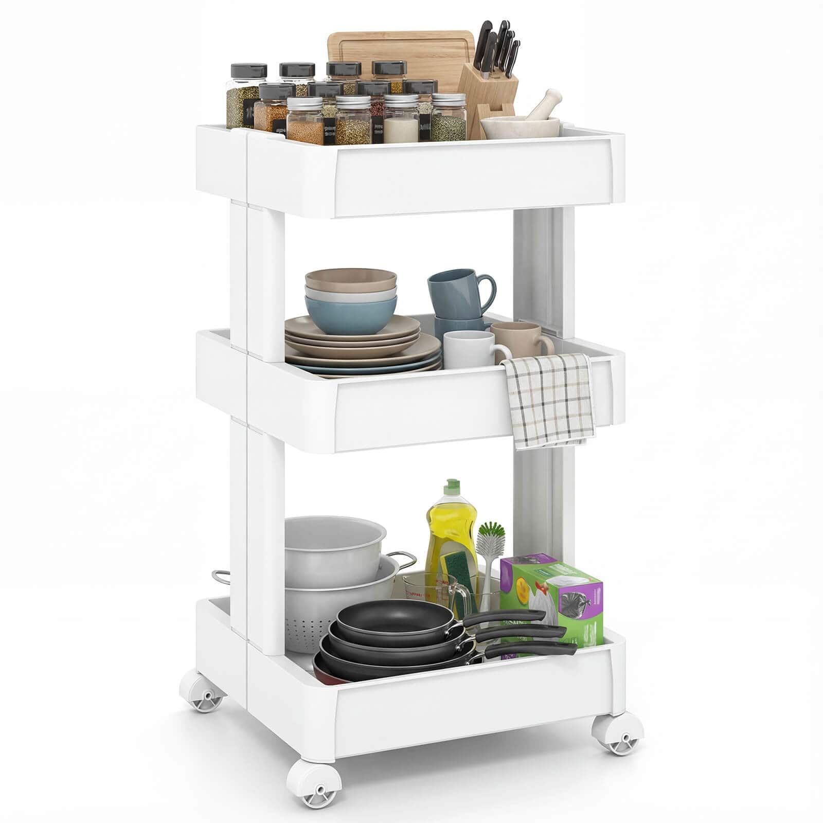 Costway - 3-Tier Rolling Utility Cart with Detachable Trays and Smooth Wheels for Kitchen - Off White