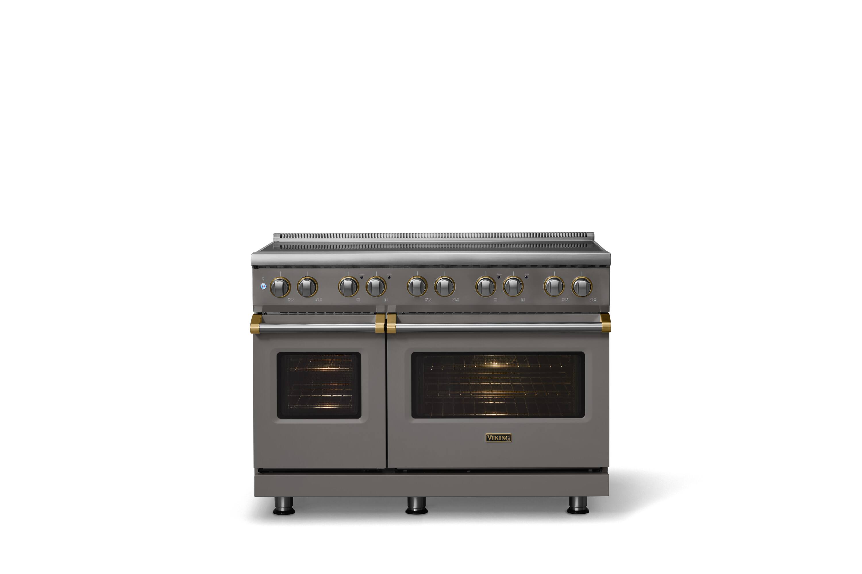 Alt View 2. Viking - 48 in. Wide 6 Elements Pro 5 Series 7.3 Cu.Ft. Freestanding 6 Element Induction Convection Range with Brushed Brass Trim - Damascus Gray.