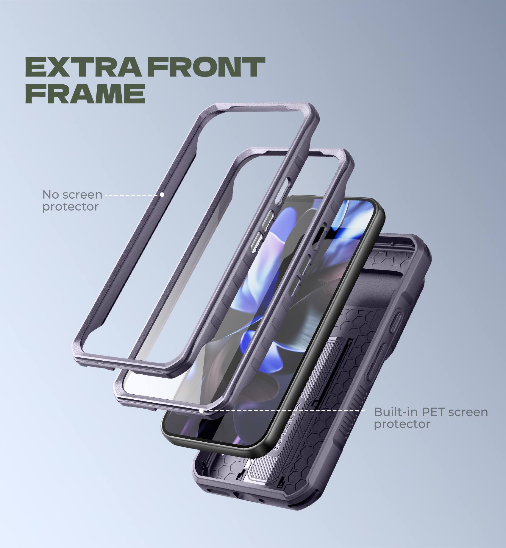 EXTRA FRONT FRAME

No screen protector

Built-in PET screen protector