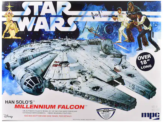 STAR WARS
HAN SOLO'S™
MILLENNIUM FALCON™
AN AUTHENTIC PLASTIC MODEL KIT OF THE STAR WARS SPACESHIP
EXTENSIVE IMPROVEMENTS • MANY MOVEABLE FEATURES
SEE BOX BOTTOM AND SIDE PANEL FOR DETAILS
OVER 18" LONG
MODEL KIT - MODÈLE RÉCIT
mpc
Disney
PHOTO OF ACTUAL STAR WARS - SPECIAL EFFECTS MODEL.