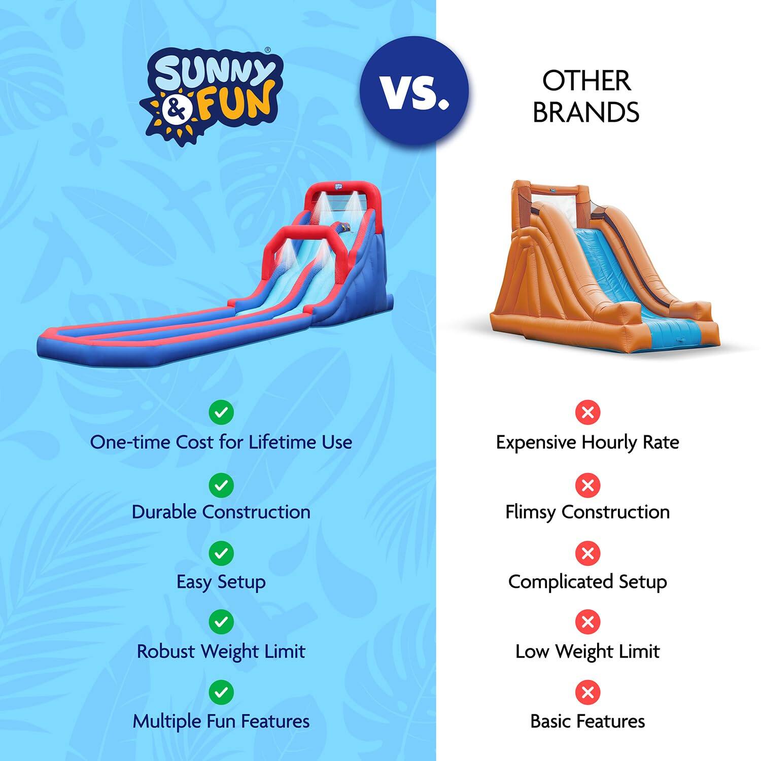 SUNNY & FUN VS. OTHER BRANDS

One-time Cost for Lifetime Use X Expensive Hourly Rate
Durable Construction X Flimsy Construction
Easy Setup x Complicated Setup
Robust Weight Limit X Low Weight Limit
Multiple Fun Features x Basic Features