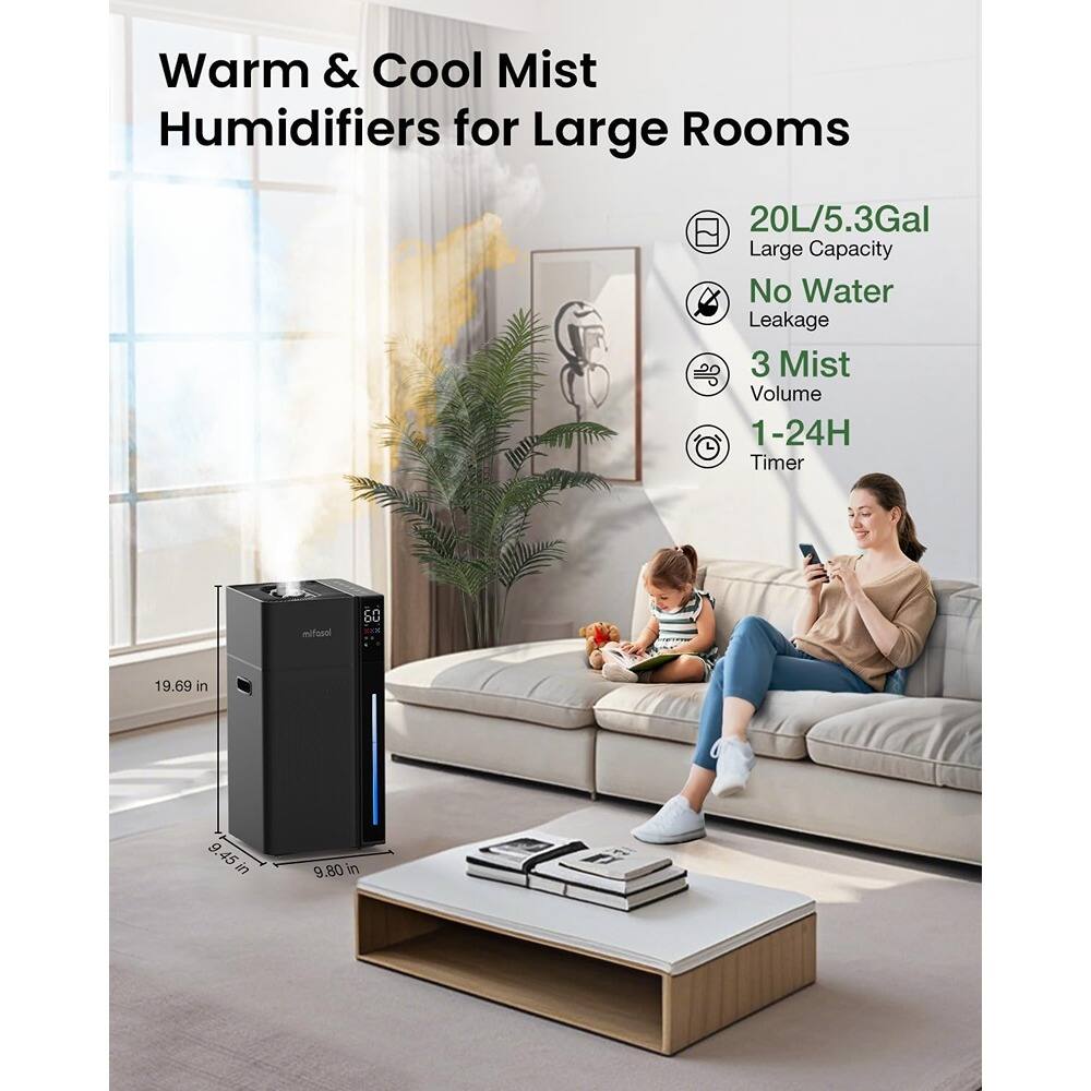 MOSZAR LLC - 5.3Gal/20L Warm & Cool Mist Humidifier, Double Nozzles, Whole House, Black
