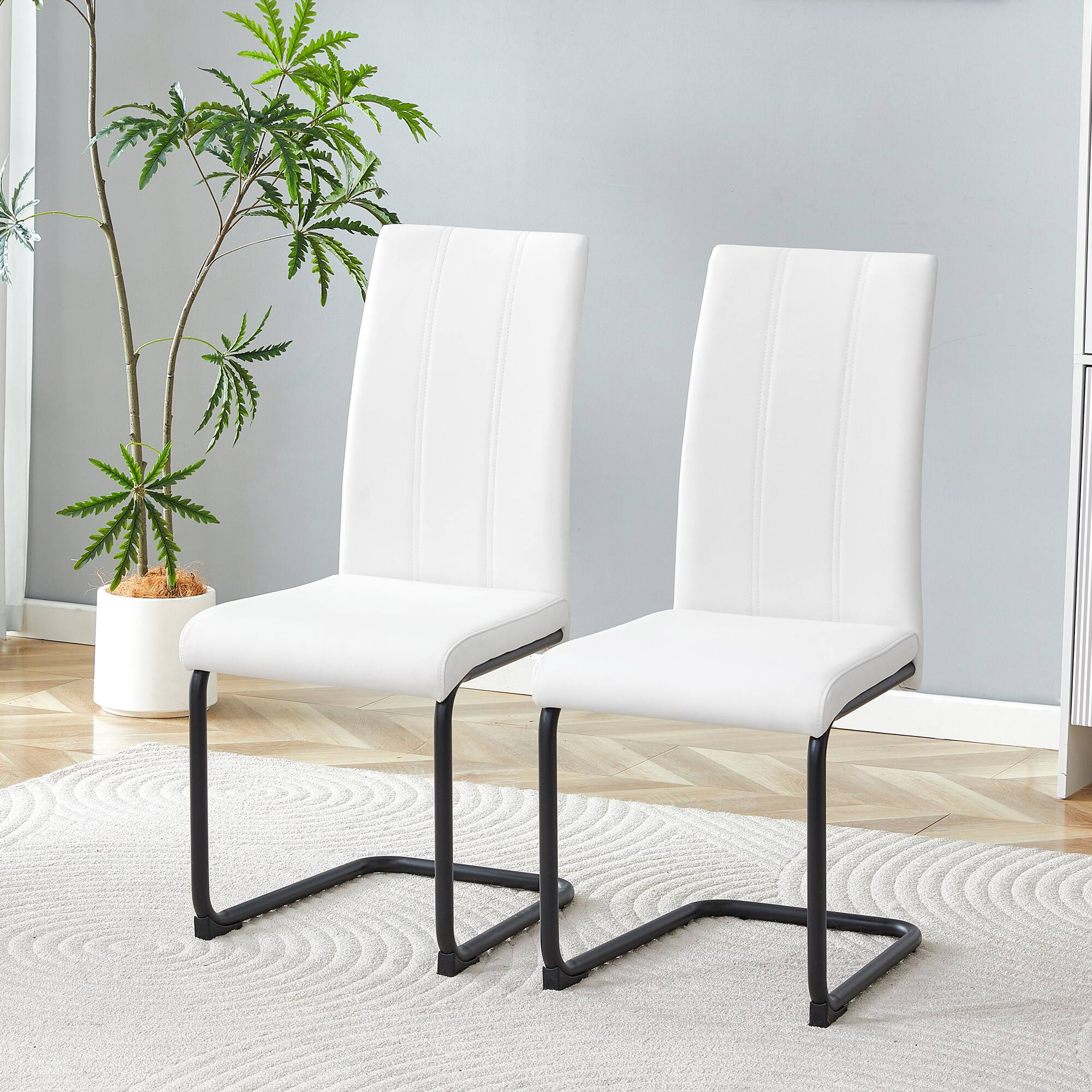 Back. Loheer - PU Upholstered Dining Chairs Set of 4 - High Back, Metal Legs - Black,White.