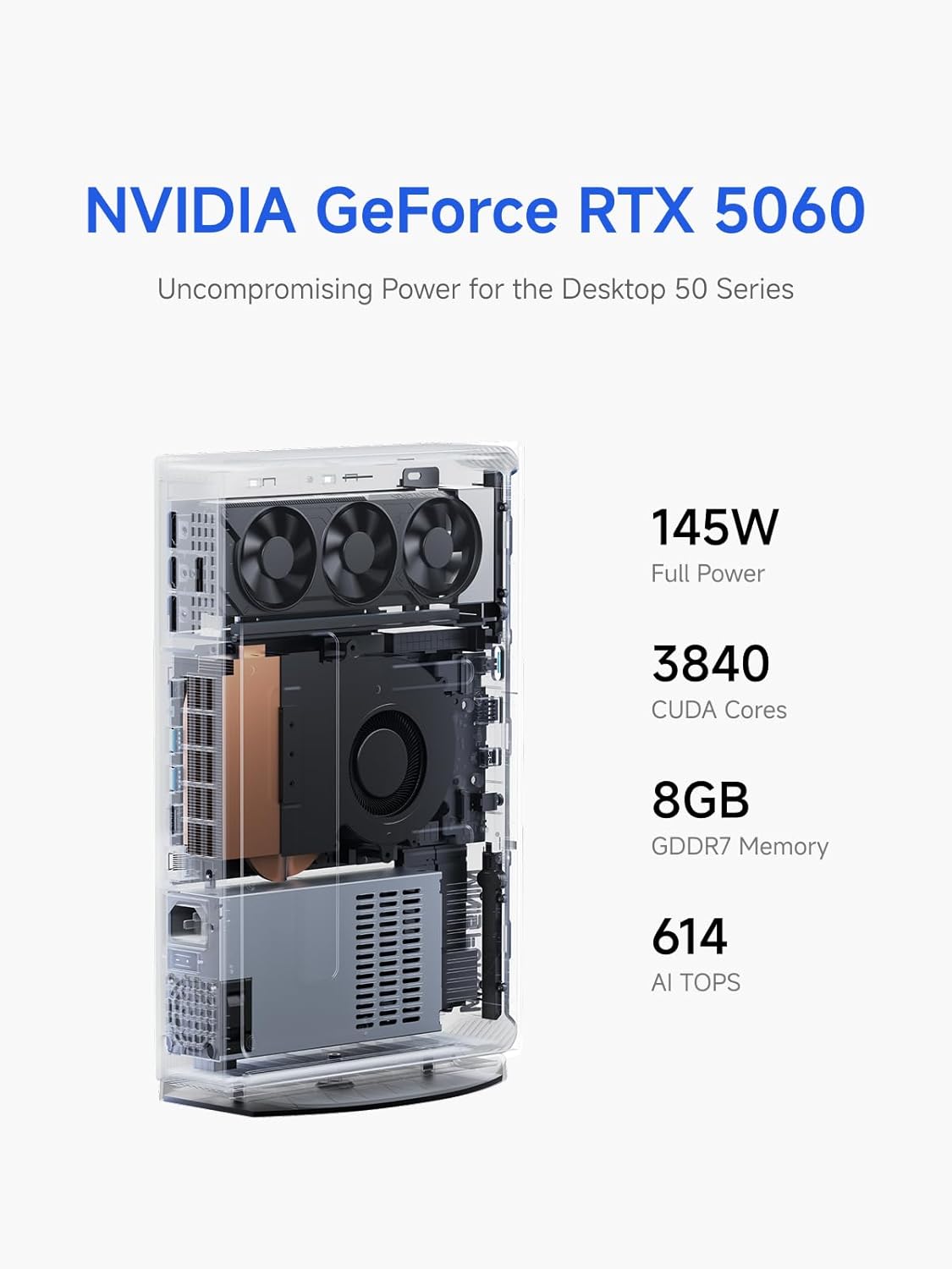 NVIDIA GeForce RTX 5060  
Uncompromising Power for the Desktop 50 Series  

145W Full Power  
3840 CUDA Cores  
8GB GDDR7 Memory  
614 AI TOPS