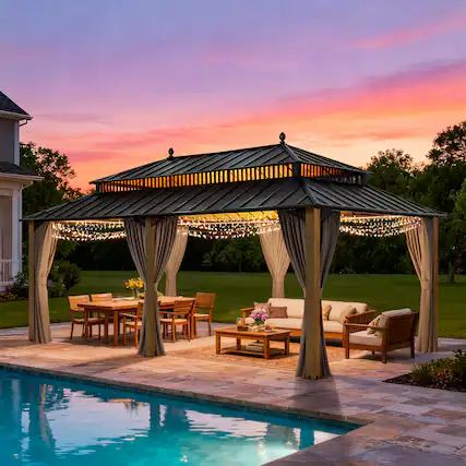 Front. SUNJOY - SUNJOY Kingston 20x12 Gazebo, Steel Hardtop Gazebo with Curtain and Netting - Cedar Posts.