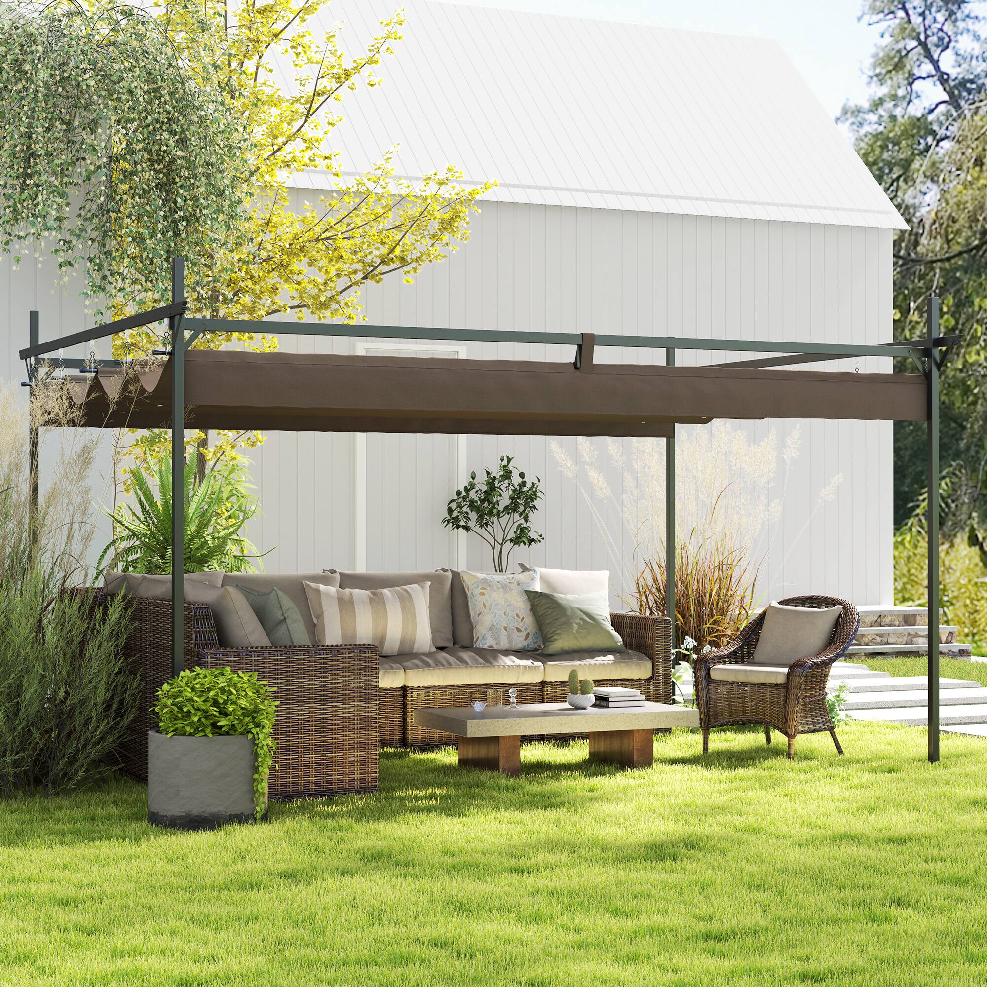 Angle. Outsunny - 10' x 13' Retractable Pergola Canopy with Stronger Metal Frame, Outdoor Pergola Sun Shade Shelter - Brown.