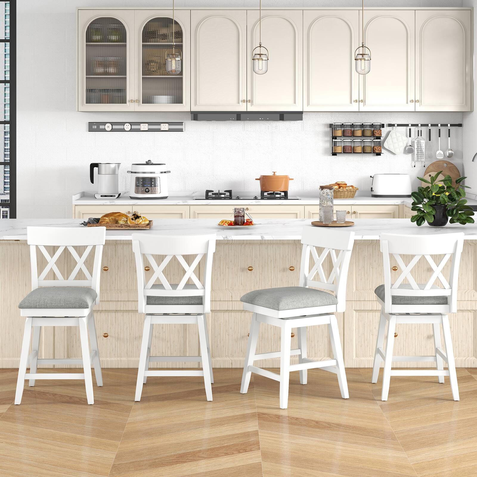 Alt View 8. Gymax - Gymax 26'' Bar Stool Wooden Chair Set of 2 w/Contoured Backrest Swivel Padded Seat White & Gray - White, Gray.