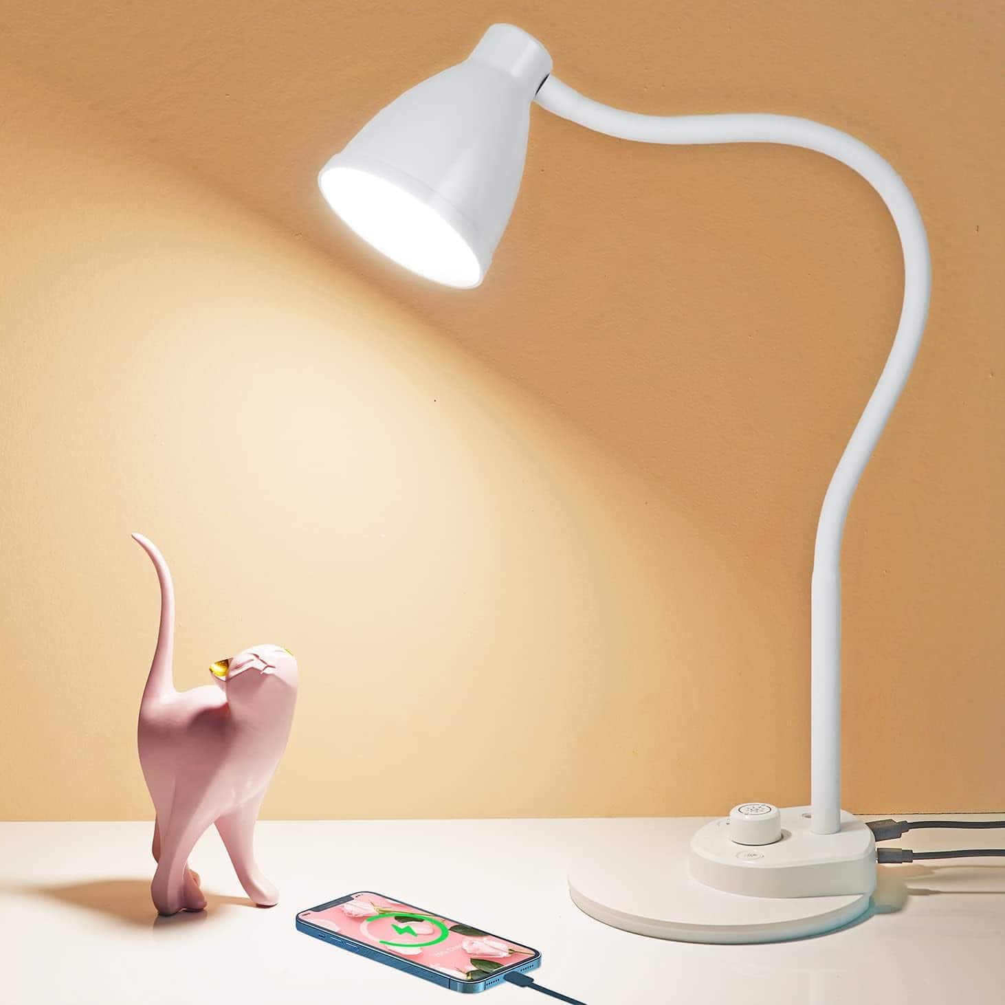 FINEAK - Smart LED Desk Lamp-Auto-Dimming, Eye-Caring, USB Charging Port - White