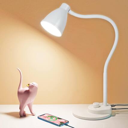 Front. FINEAK - Smart LED Desk Lamp-Auto-Dimming, Eye-Caring, USB Charging Port - White.