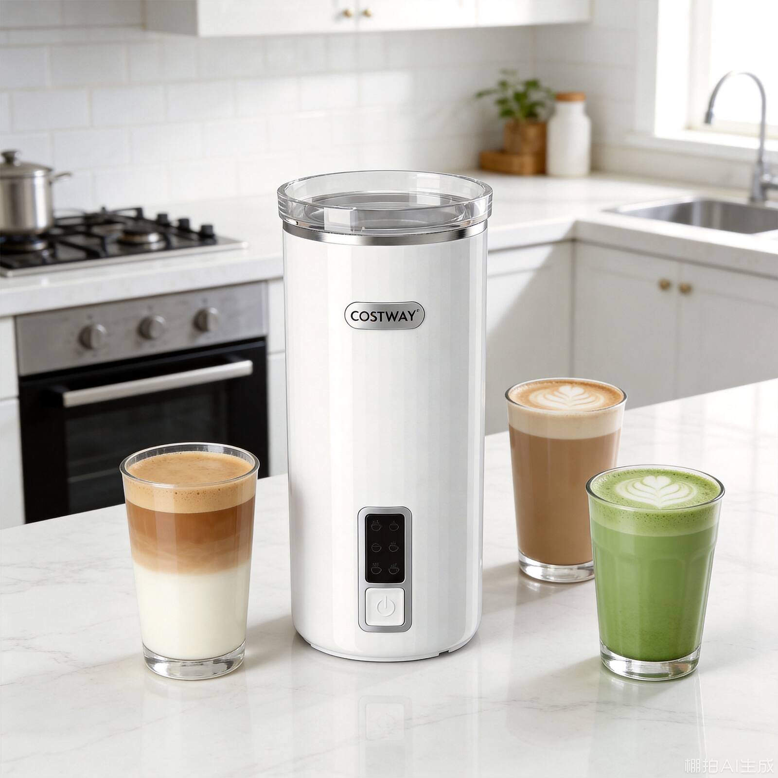 Alt View 1. Costway - Costway 6-in-1 Electric Milk Steamer with Stainless Steel Interior, Automatic Foam Maker - White.