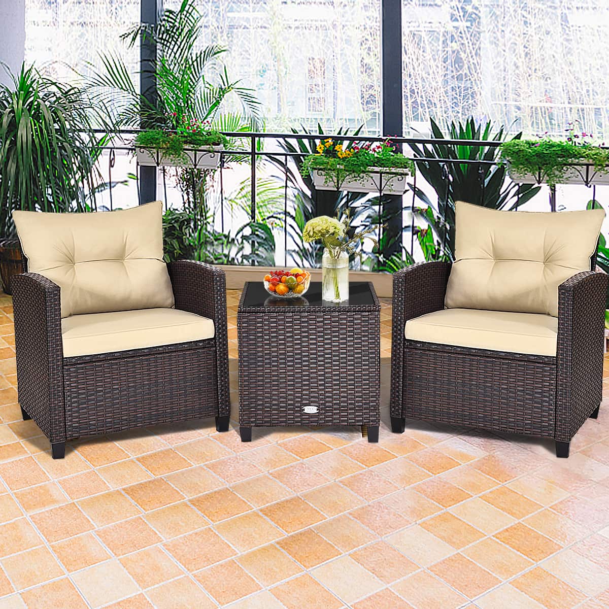 Gymax - 3PCS Outdoor Patio Rattan Conversation Set w/ Cushion Coffee Table - Mix Brown price history on PriceWatchPro