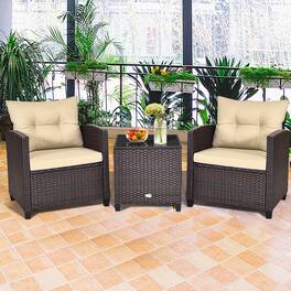 Gymax - 3PCS Outdoor Patio Rattan Conversation Set w/ Cushion Coffee Table - Mix Brown
