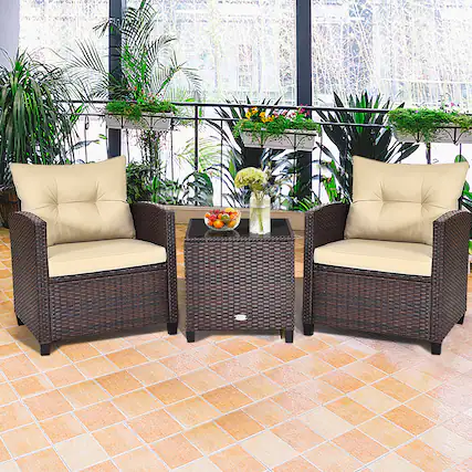 Front. Gymax - Gymax 3PCS Outdoor Patio Rattan Conversation Set w/ Cushion Coffee Table - Mix Brown.