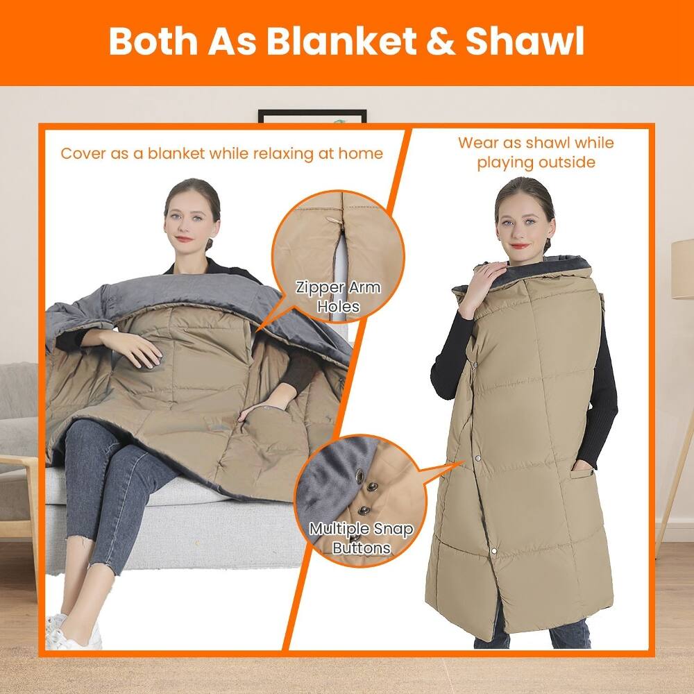 Both As Blanket & Shawl

Cover as a blanket while relaxing at home
Wear as shawl while playing outside

Zipper Arm Holes
Multiple Snap Buttons