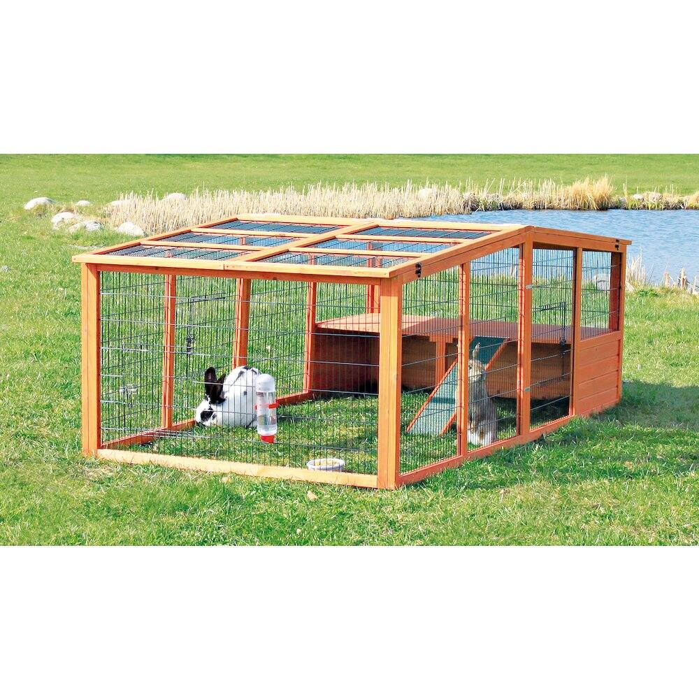 Left. TRIXIE - Weatherproof Outdoor X-Large Wooden Small Animal Cage and Run with Hinged Roof - Brown.
