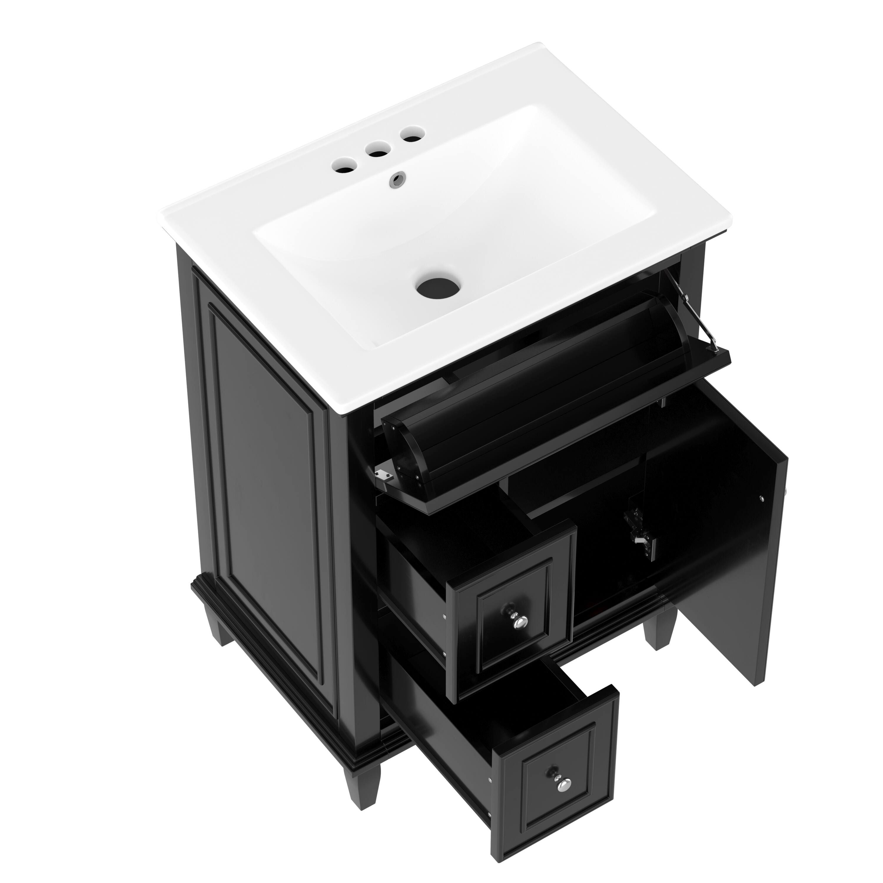 Back. Whisen - 24" Bathroom Vanity with Sink, Solid Wood & MDF Cabinet, Flip Drawer & 2 Drawers, Freestanding - Black.