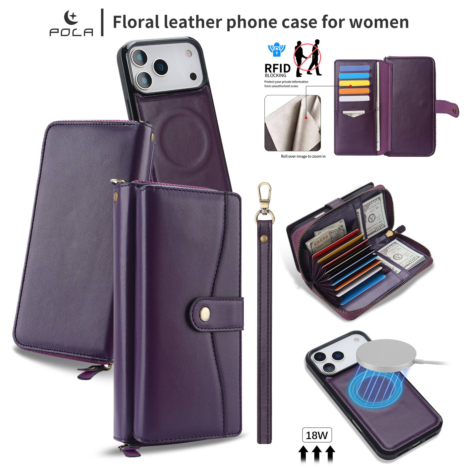 Floral leather phone case for women  
POLA  
RFID BLOCKING  
Protect your private information from unauthorized cm  
Roll over image to zoom in  
THE  
18W