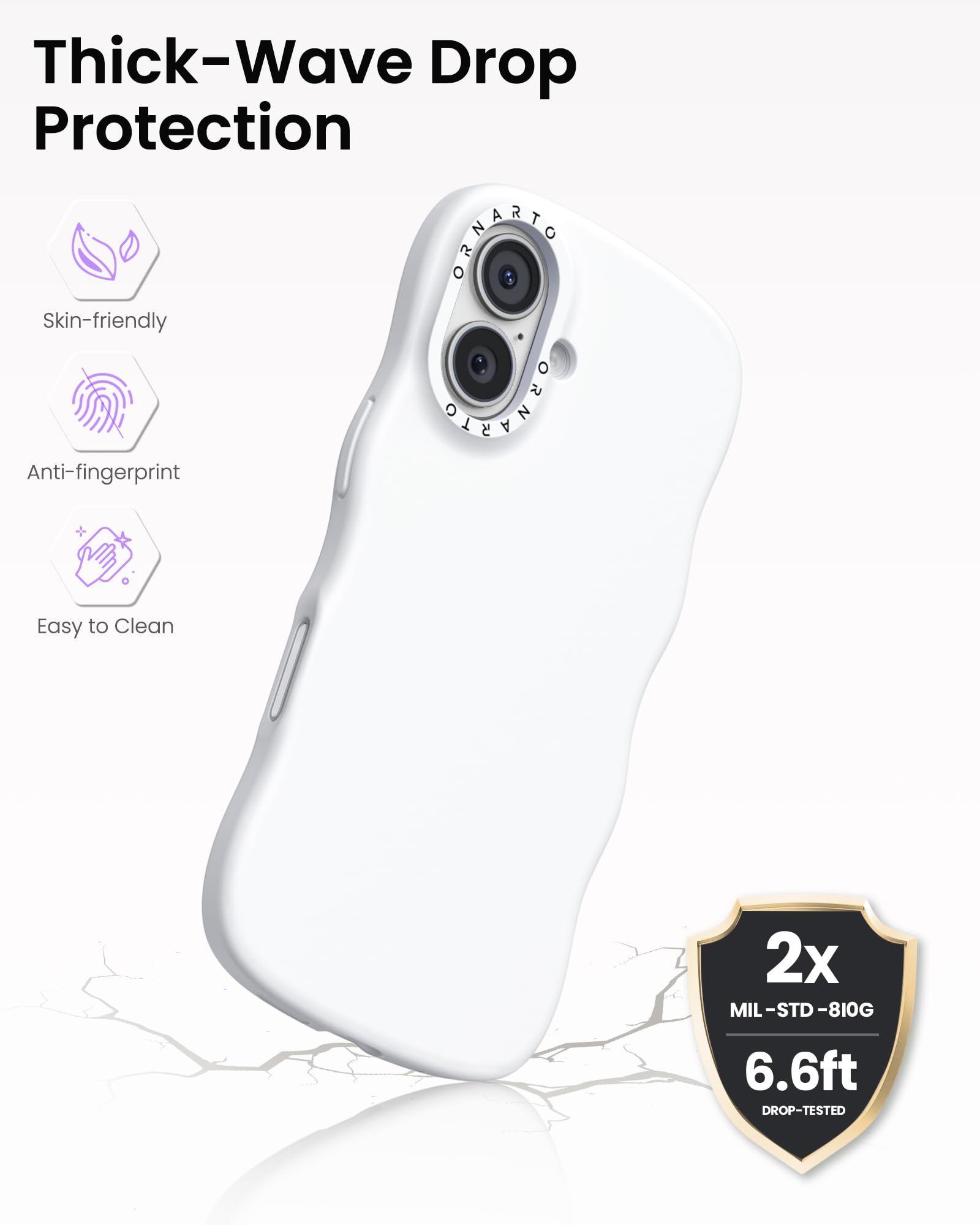 Thick-Wave Drop Protection

- Skin-friendly
- Anti-fingerprint
- Easy to Clean

2x MIL-STD-810G  
6.6ft DROP-TESTED