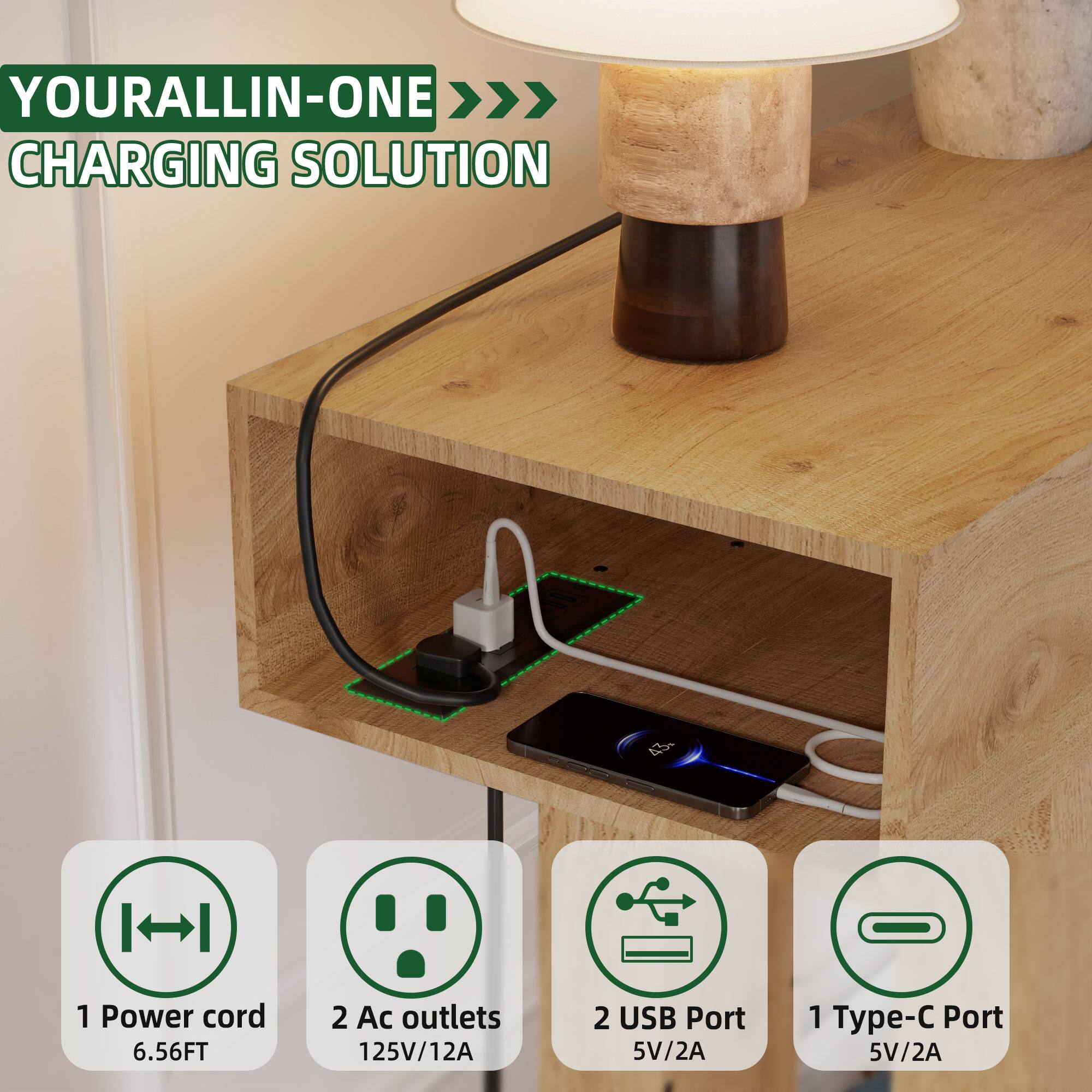 YOUR ALL-IN-ONE CHARGING SOLUTION

1. Power cord: 6.56FT
2. Ac outlets: 125V/12A
3. USB Port: 5V/2A
4. Type-C Port: 5V/2A