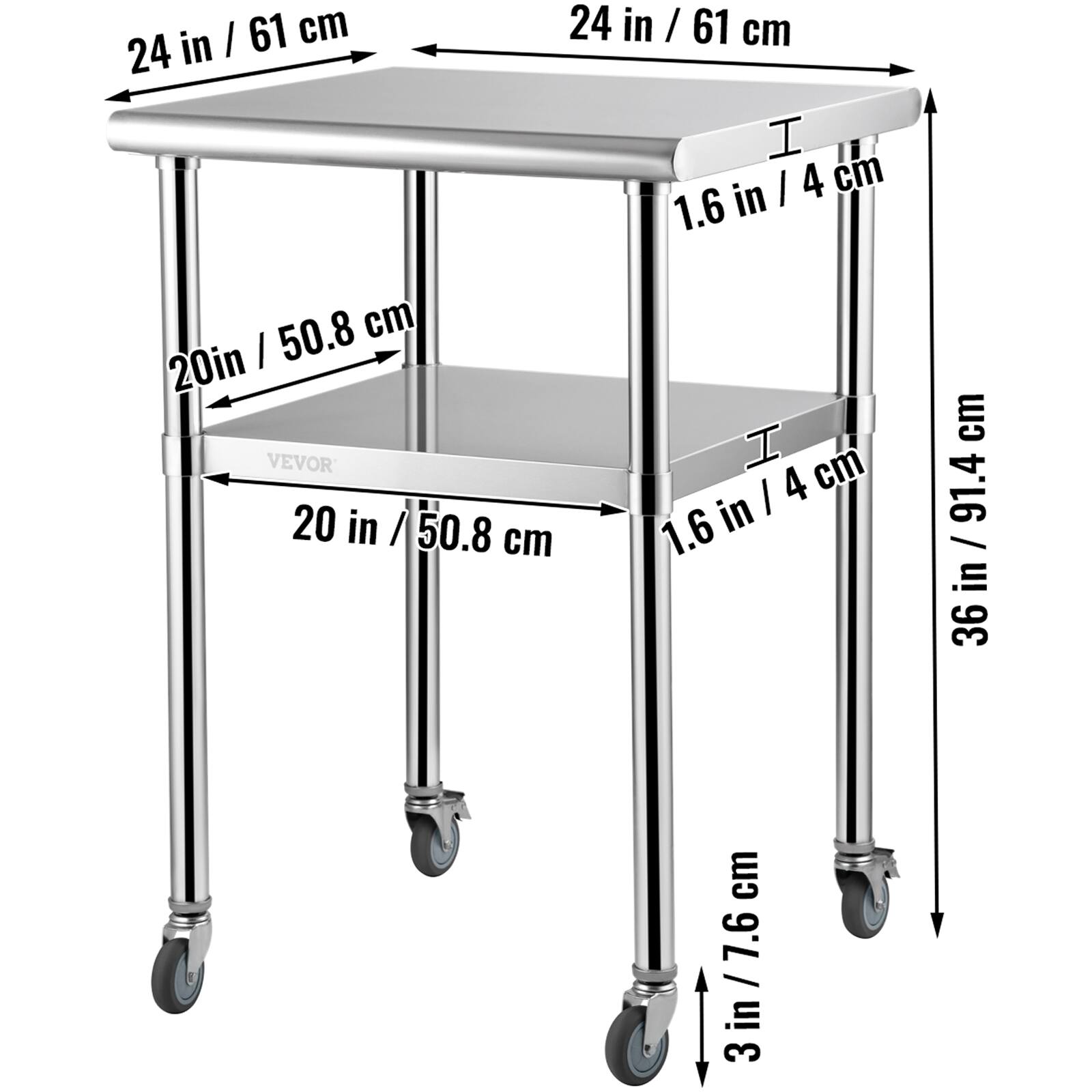 - Top surface: 24 in / 61 cm
- Shelf: 20 in / 50.8 cm
- Height: 36 in / 91.4 cm
- Leg width: 1.6 in / 4 cm
- Leg height: 3 in / 7.6 cm
