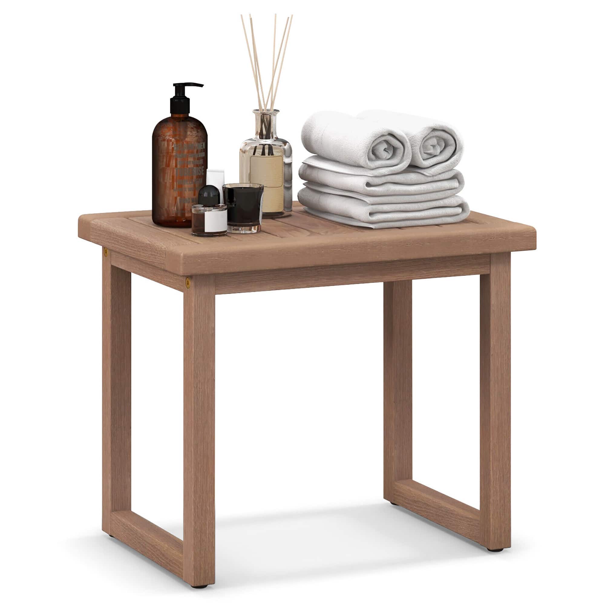 Gymax - 19'' Indonesia Teak Wood Shower Bench 2-Tier Waterproof Bath Spa Stool for Indoor & Outdoor - Natural