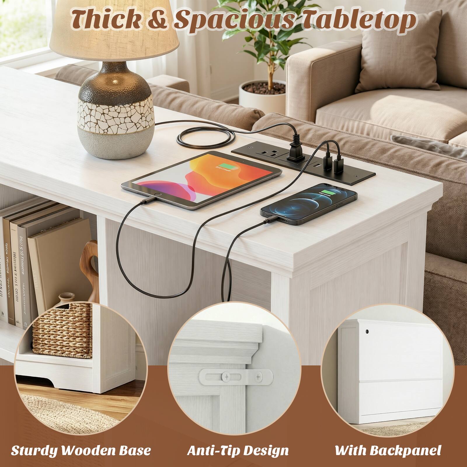 Thick & Spacious Tabletop

Sturdy Wooden Base

Anti-Tip Design

With Backpanel