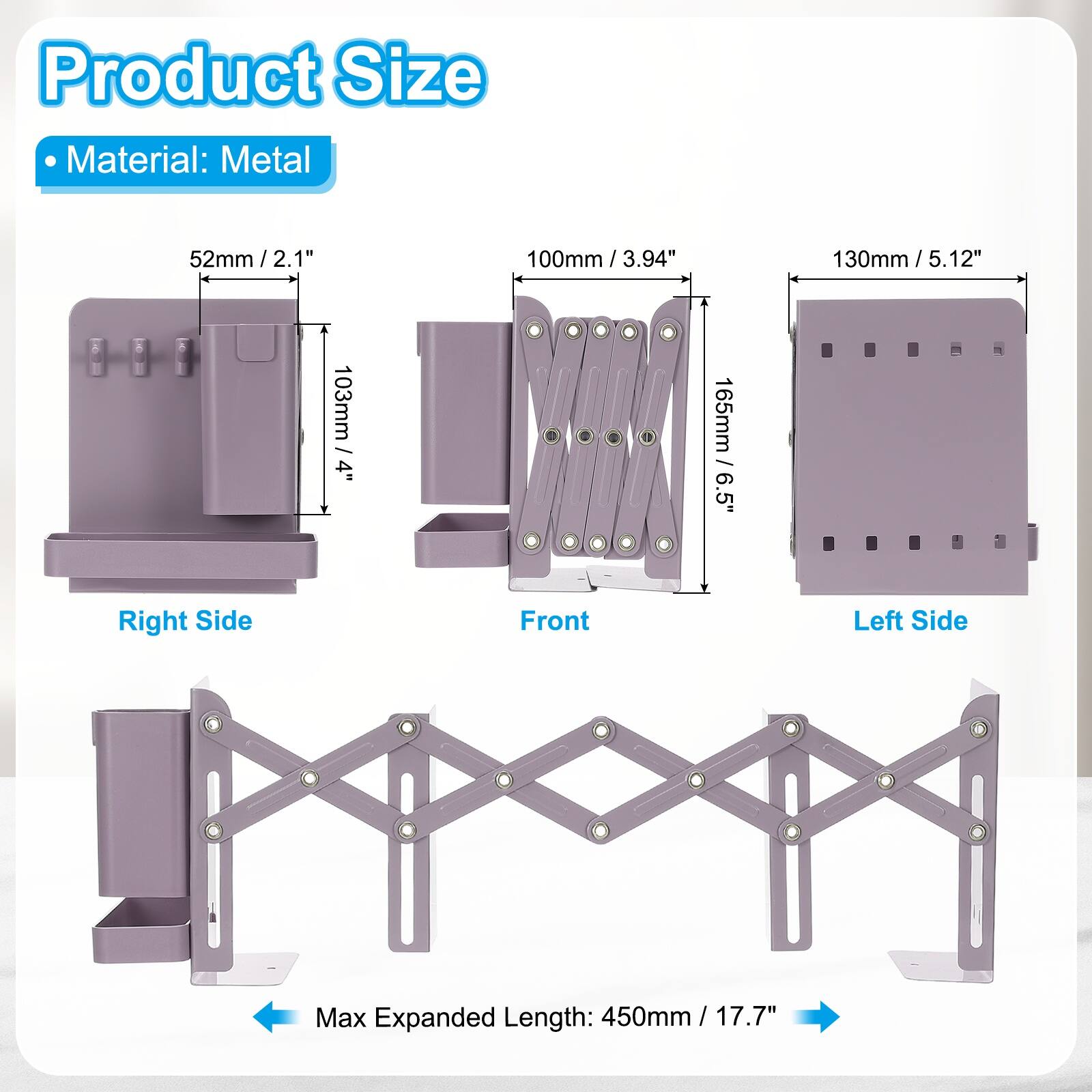 Product Size  
Material: Metal  

- Right Side: 52mm / 2.1"  
- Front: 100mm / 3.94"  
- Left Side: 130mm / 5.12"  

Max Expanded Length: 450mm / 17.7"