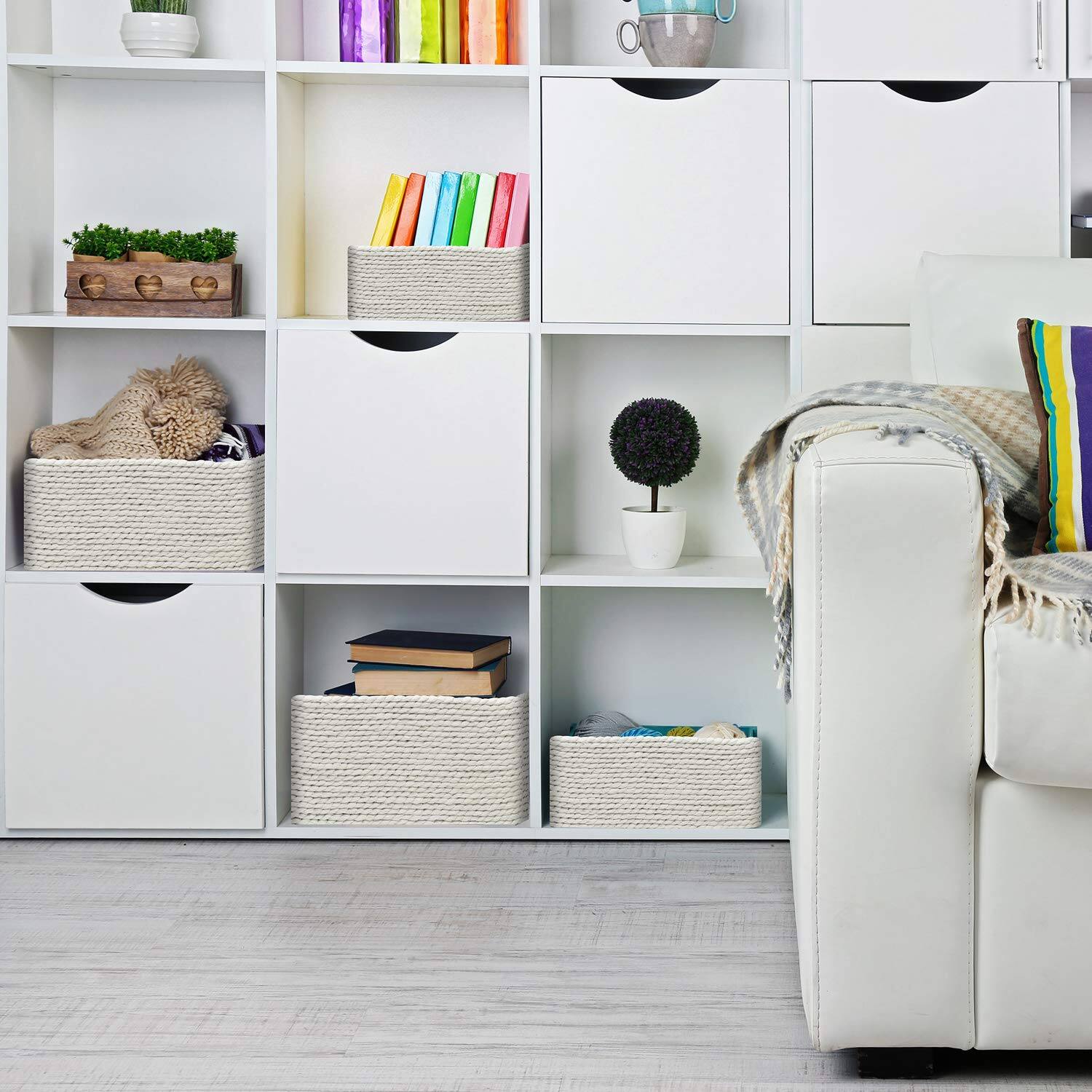 Alt View 1. Sorbus - Sorbus Storage Baskets 4-Piece Set - Stackable Woven Basket Paper Rope Bin Boxes for Makeup, Office Supplies - Beige.