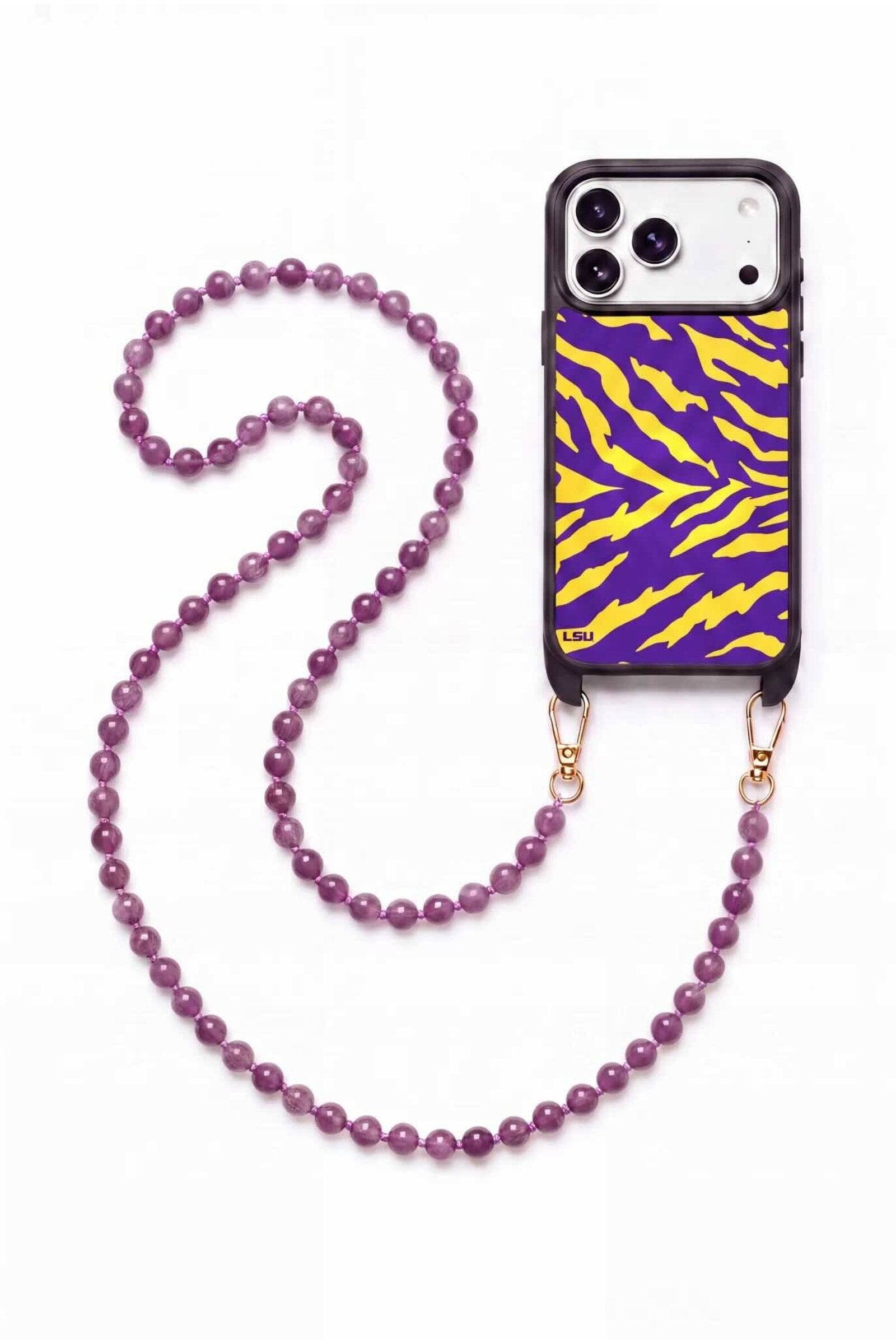 Front. Cordée Cases - Louisiana State University Crossbody Phone Chain Set - iPhone 17 Pro Max - Purple Tiger.