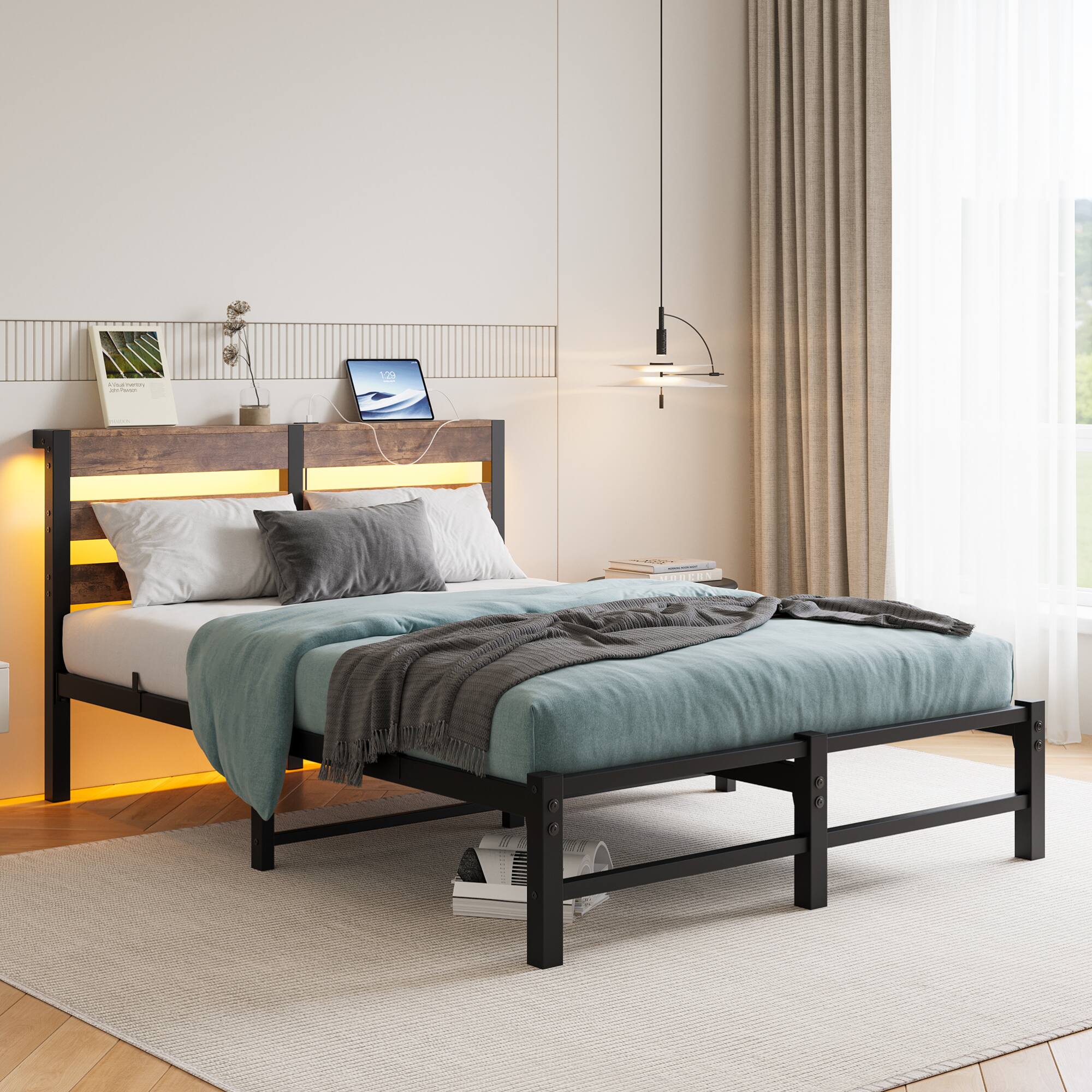 Alt View 1. GOODSILO - Full Size Metal Bed Frame with Wooden Headboard, RGB Lights, Charging Ports, Storage Shelf, Noise-Free Design - Beige+Brown.