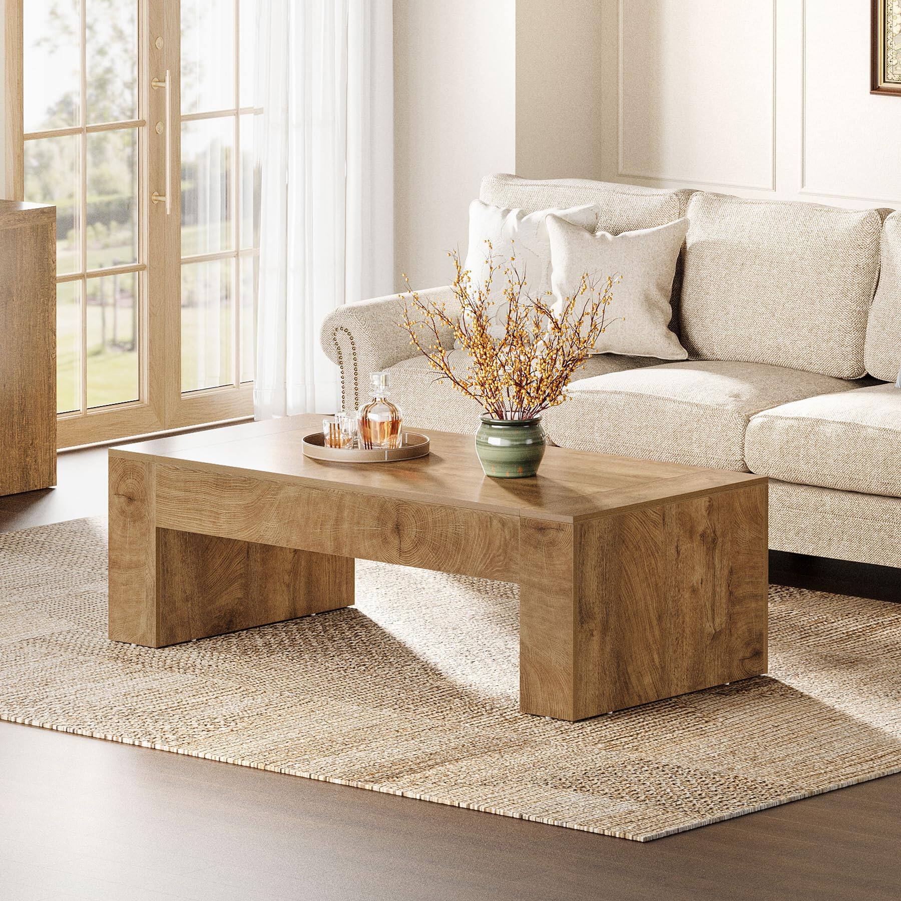 Alt View 4. Tribesigns - Coffee Table for Living Room, 51-Inch Farmhouse Center Table - Light Brown.