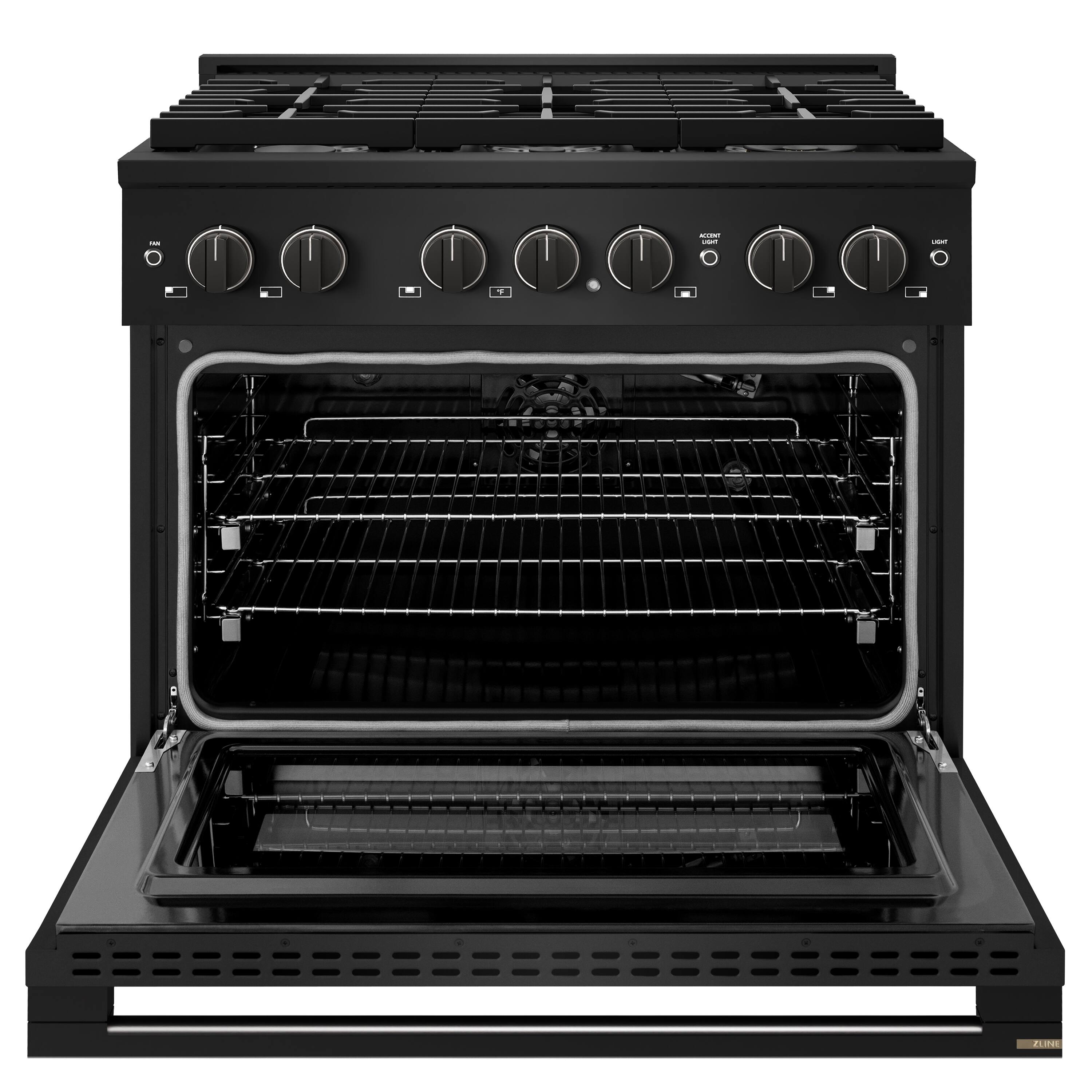 Angle. ZLINE - 36 in. 5.2 cu. ft. Marino Freestanding Gas Range with Manual Clean Convection Gas Oven with 6 Brass Burners - Black Stainless Steel.