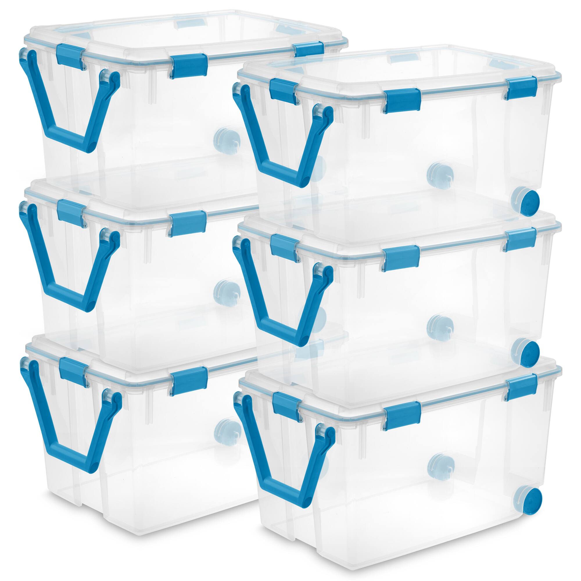 Sterilite - 120Qt Plastic Wheeled Storage Bin w/ Gasket Latch Lid, (6 Pack) - Clear