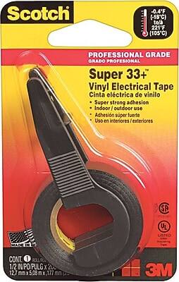 Scotch  
PROFESSIONAL GRADE  
GRADO PROFESIONAL  
Super 33+  
Vinyl Electrical Tape  
Cinta eléctrica de vinilo  

- Super strong adhesion  
- Indoor/outdoor use  
- Adhesión super fuerte  
- Uso en interiores/exteriores  

-0.4°F (-18°C) to 221°F (105°C)  

MADE IN CONT.  

CONT. 1 ROLL  
1/2 IN/PO (12.7 mm) X 20 FT (5.08 m) X 177 mm  

UL LISTED  
SP  

3M