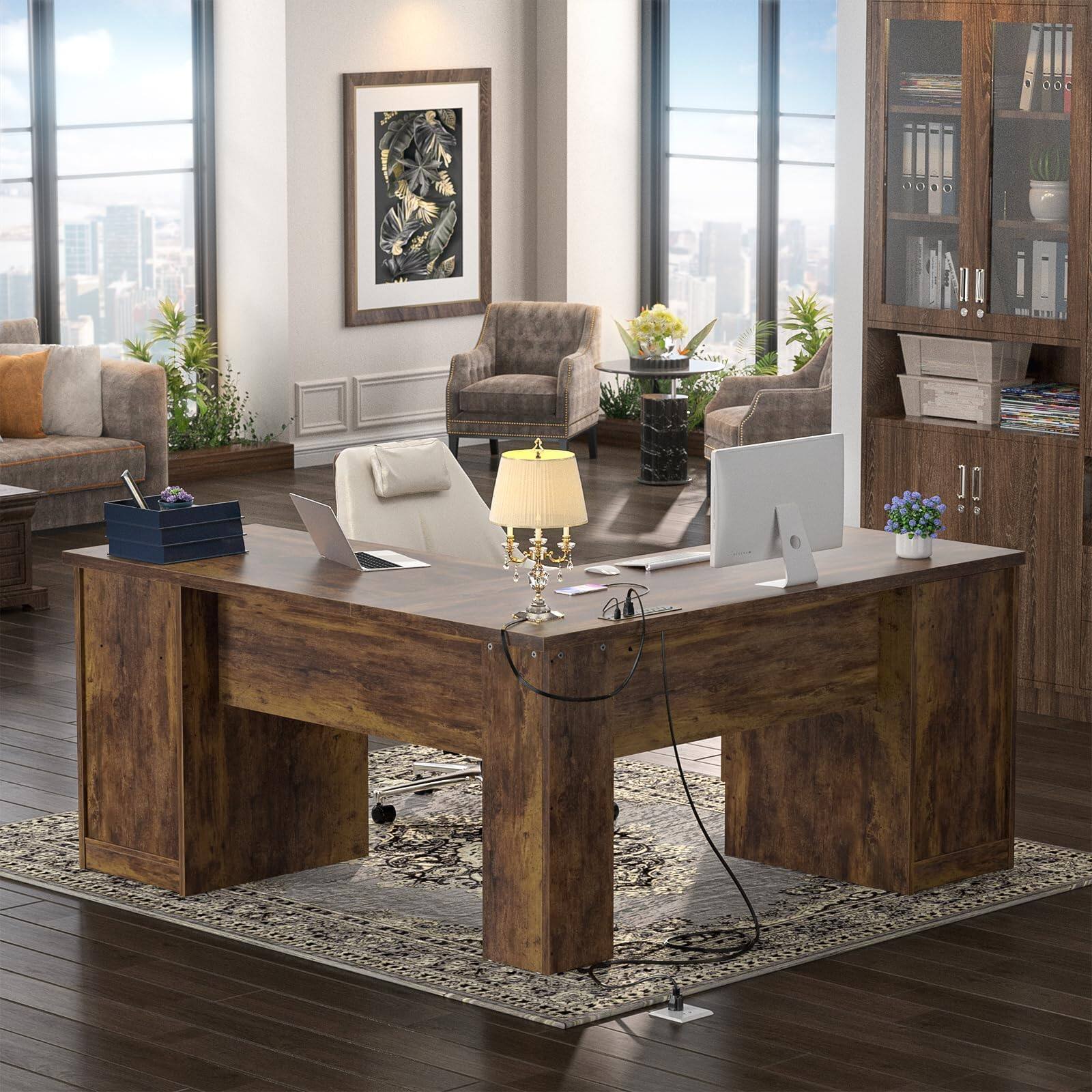 Angle. Aheaplus - 60"L-Shaped Corner Desk - Sturdy 2-Person Executive Desk with Storage/File Cabinets & Power/USB Ports - Rustic Brown.