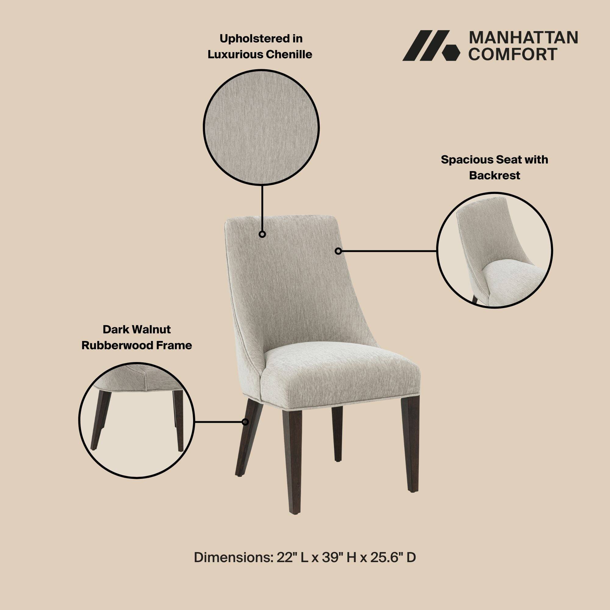 Upholstered in Luxurious Chenille  
MANHATTAN COMFORT  
Spacious Seat with Backrest  
Dark Walnut Rubberwood Frame  
Dimensions: 22" L x 39" H x 25.6" D