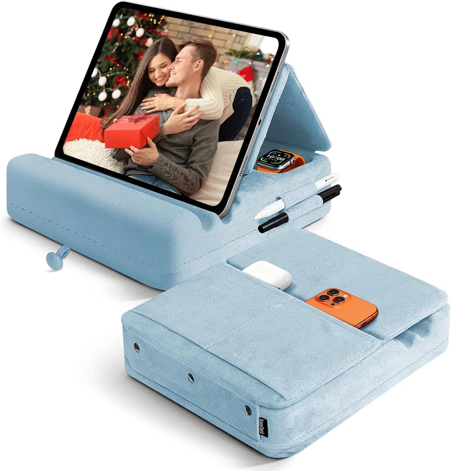 FINEAK - Foldable Tablet Pillow Stand with Storage for All Devices - Blue